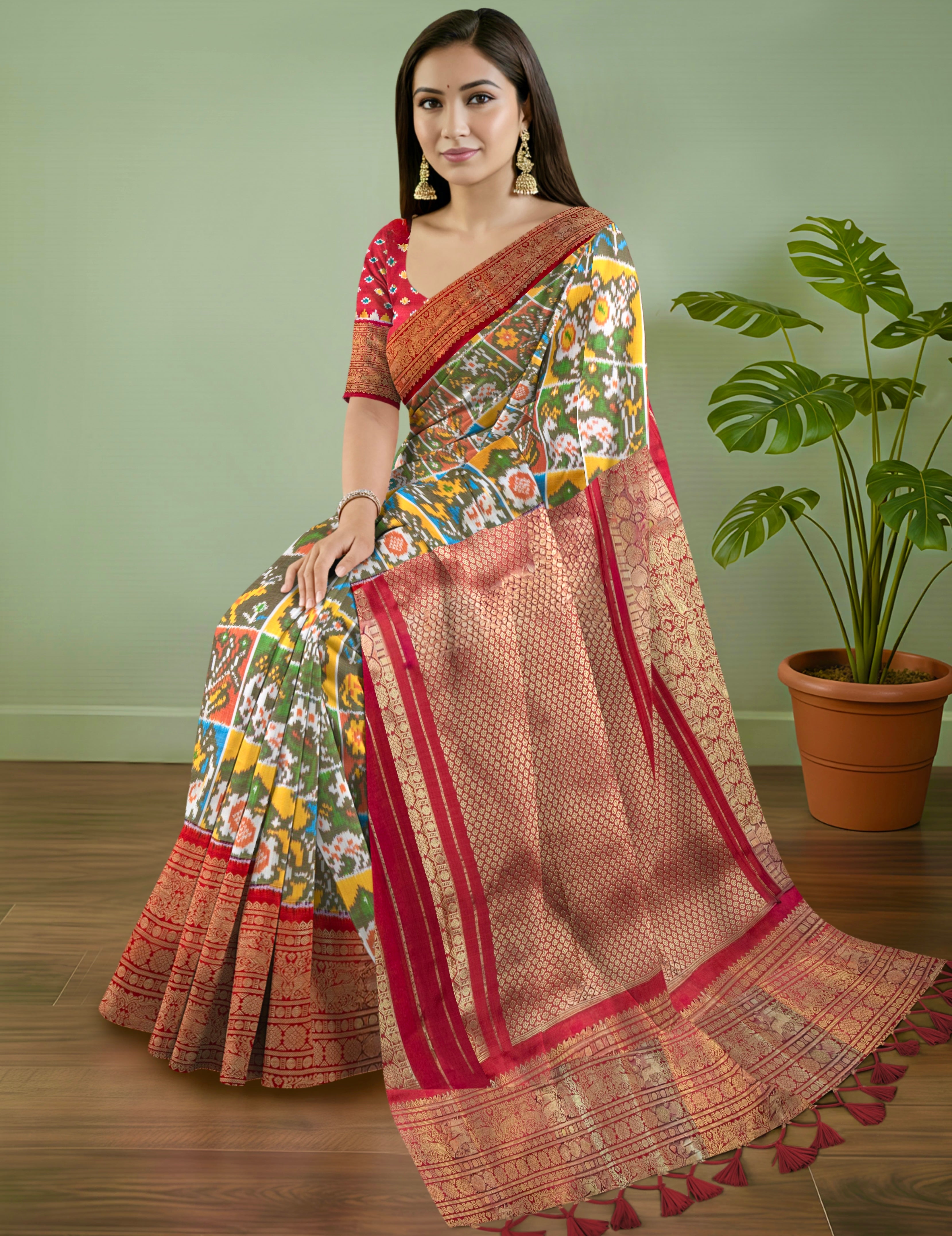 Pure Pochampally Double Ikat Silk Saree with Kanjivaram Border, Deep Red Designer Pallu