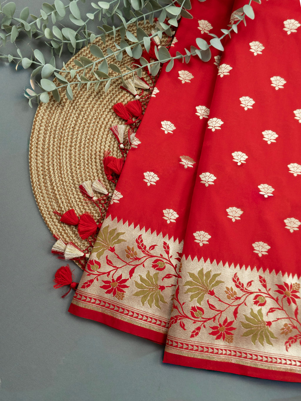 Pure Banarasi Katan Silk Saree in Deep Red with Floral Zari & Rich Zari Pallu