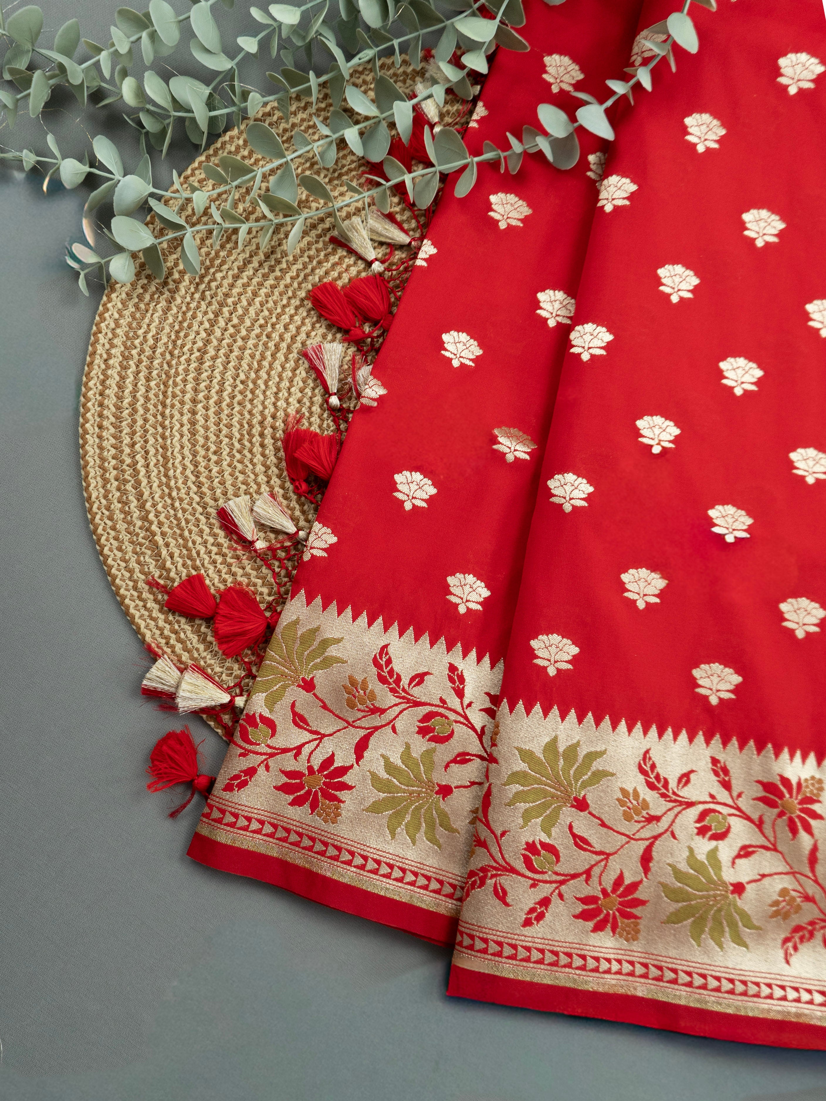 Pure Banarasi Katan Silk Saree in Deep Red with Floral Zari & Rich Zari Pallu