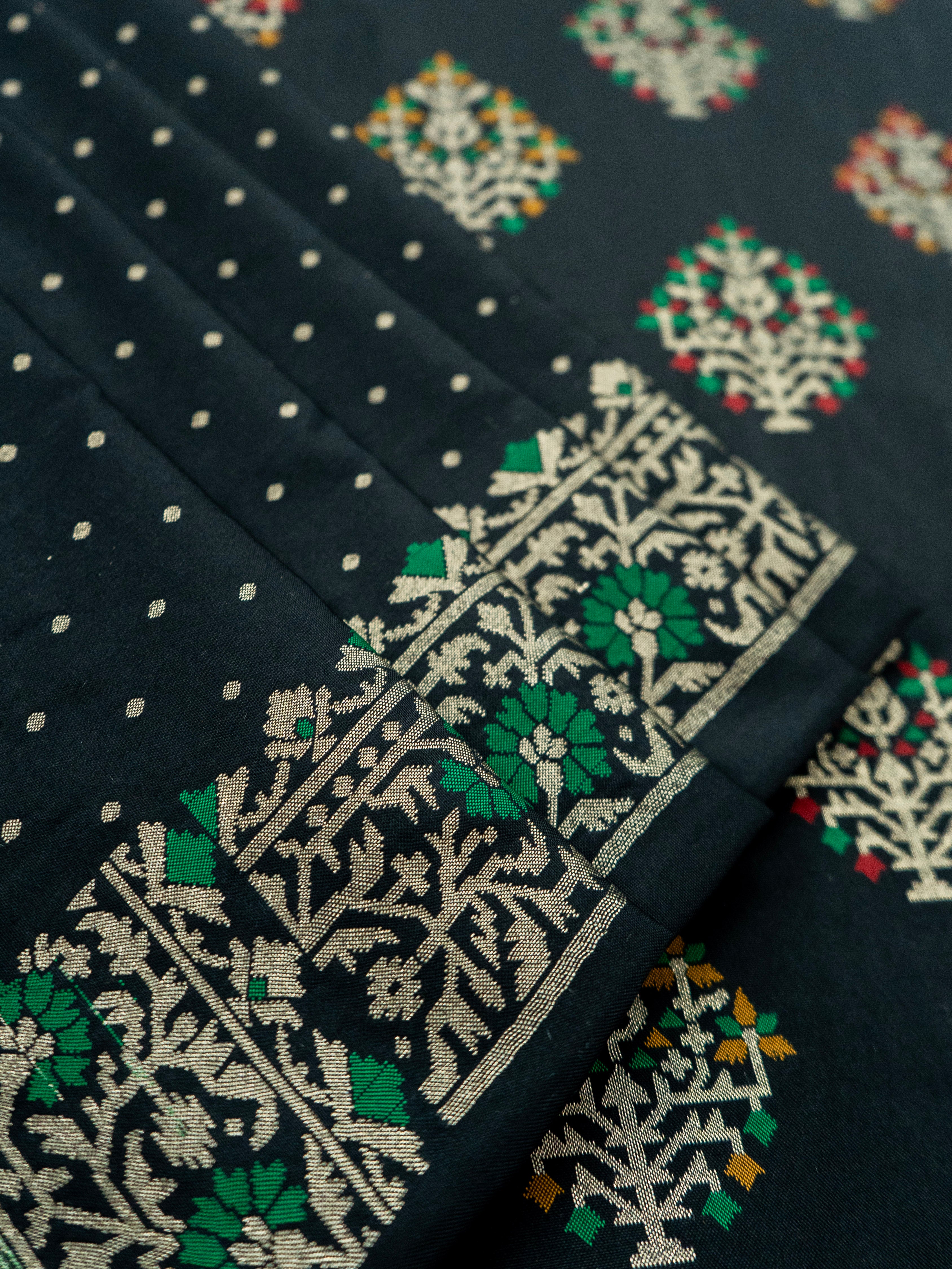 Pure Banarasi Katan Silk Saree in Bold Black with Multicolor Floral Zari & Rich Zari Pallu
