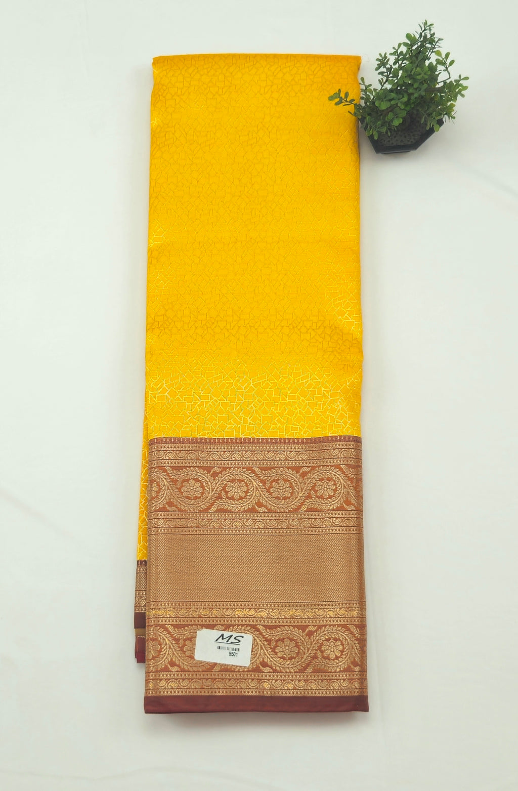 Kanchivaram golden line weaves saree in yellow color with geometric weaves
