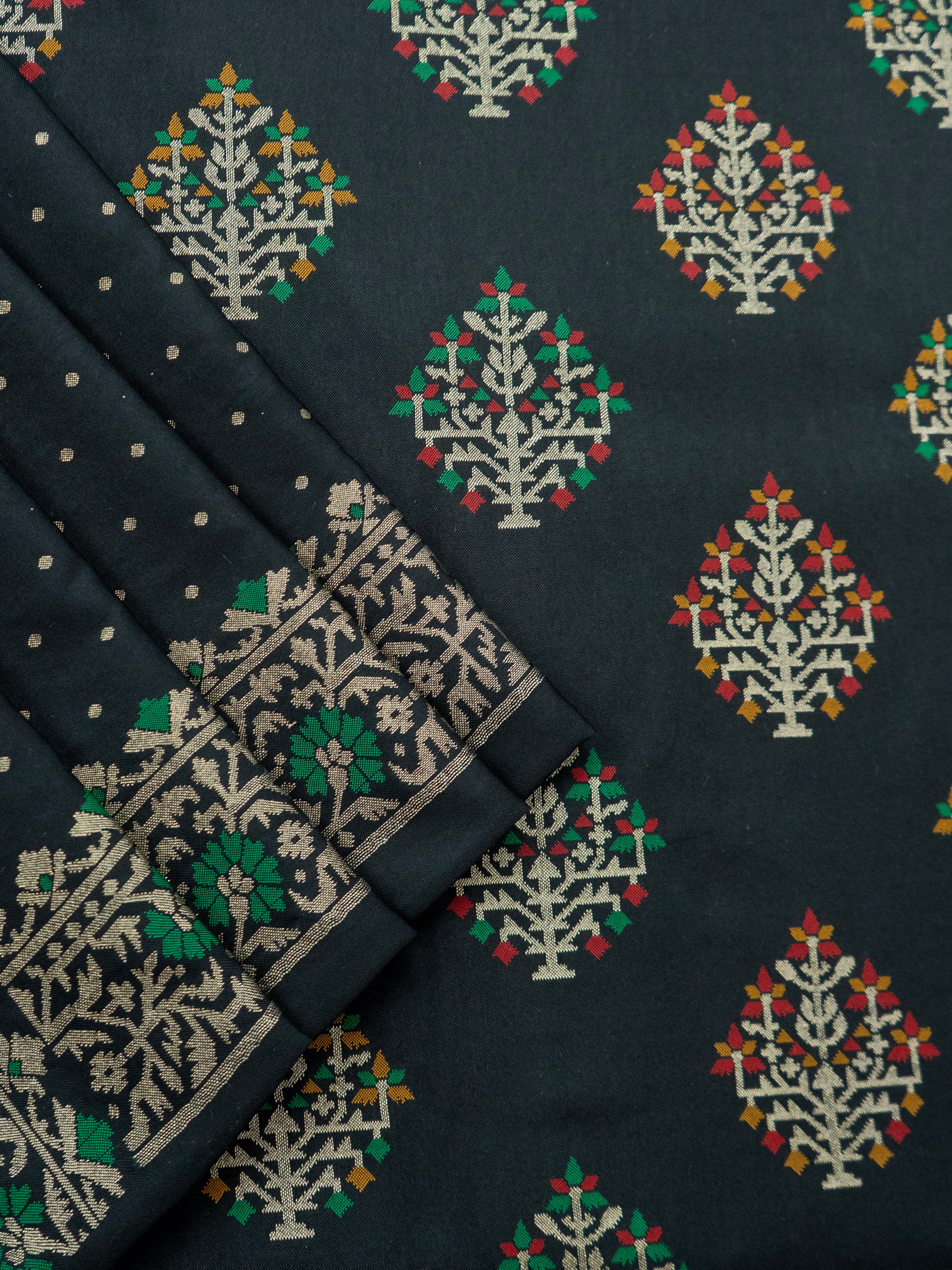 Pure Banarasi Katan Silk Saree in Bold Black with Multicolor Floral Zari & Rich Zari Pallu