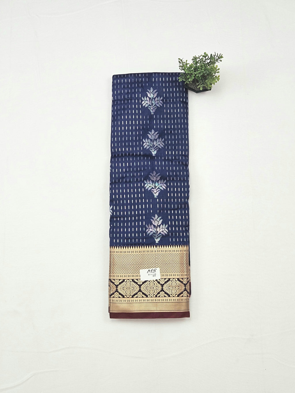 Kanchivaram silver line weaves saree in blue color with geometric weaves and contrast blouse
