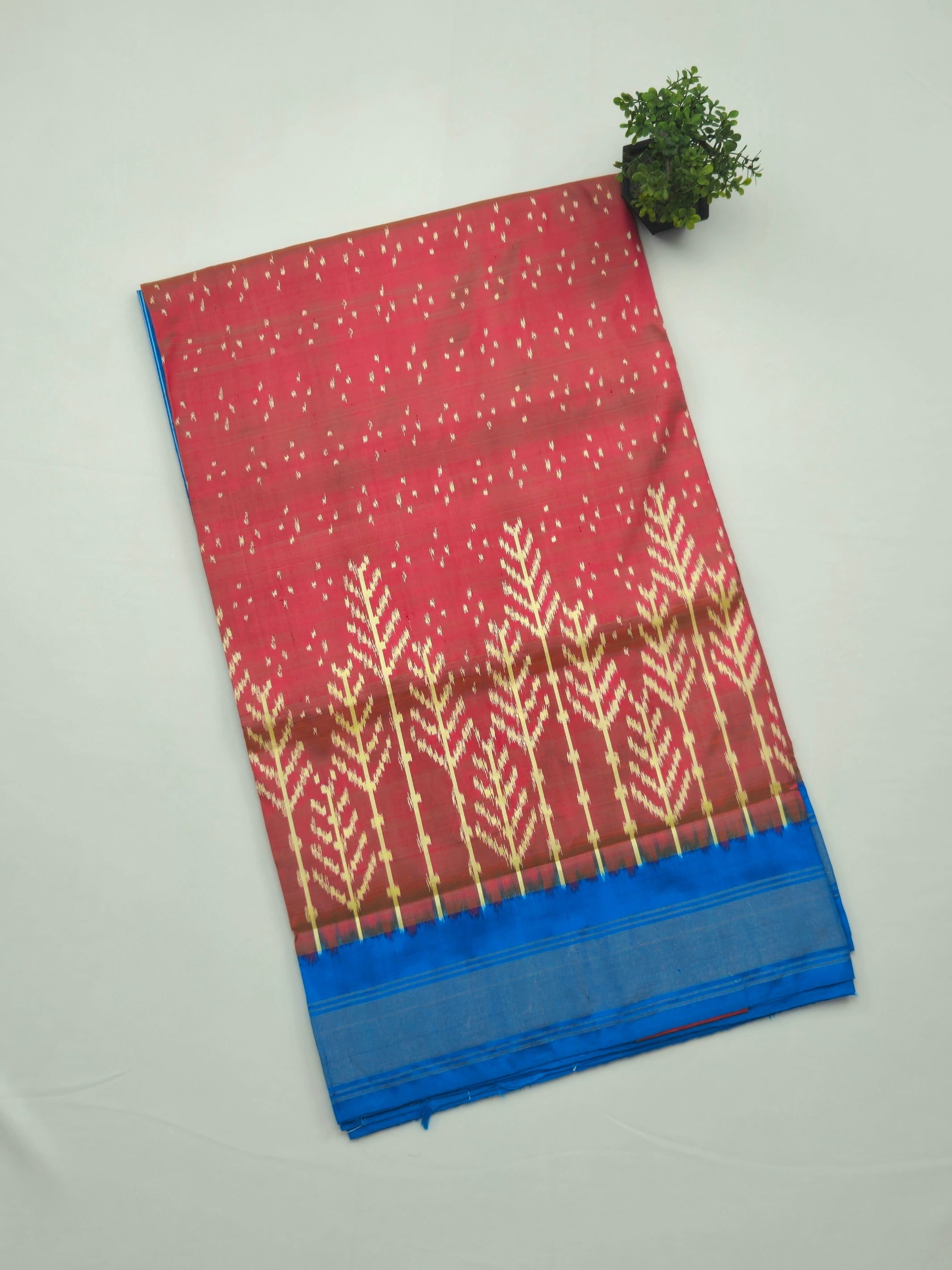 Pure Pochampally silk saree in peach with contrast Blouse