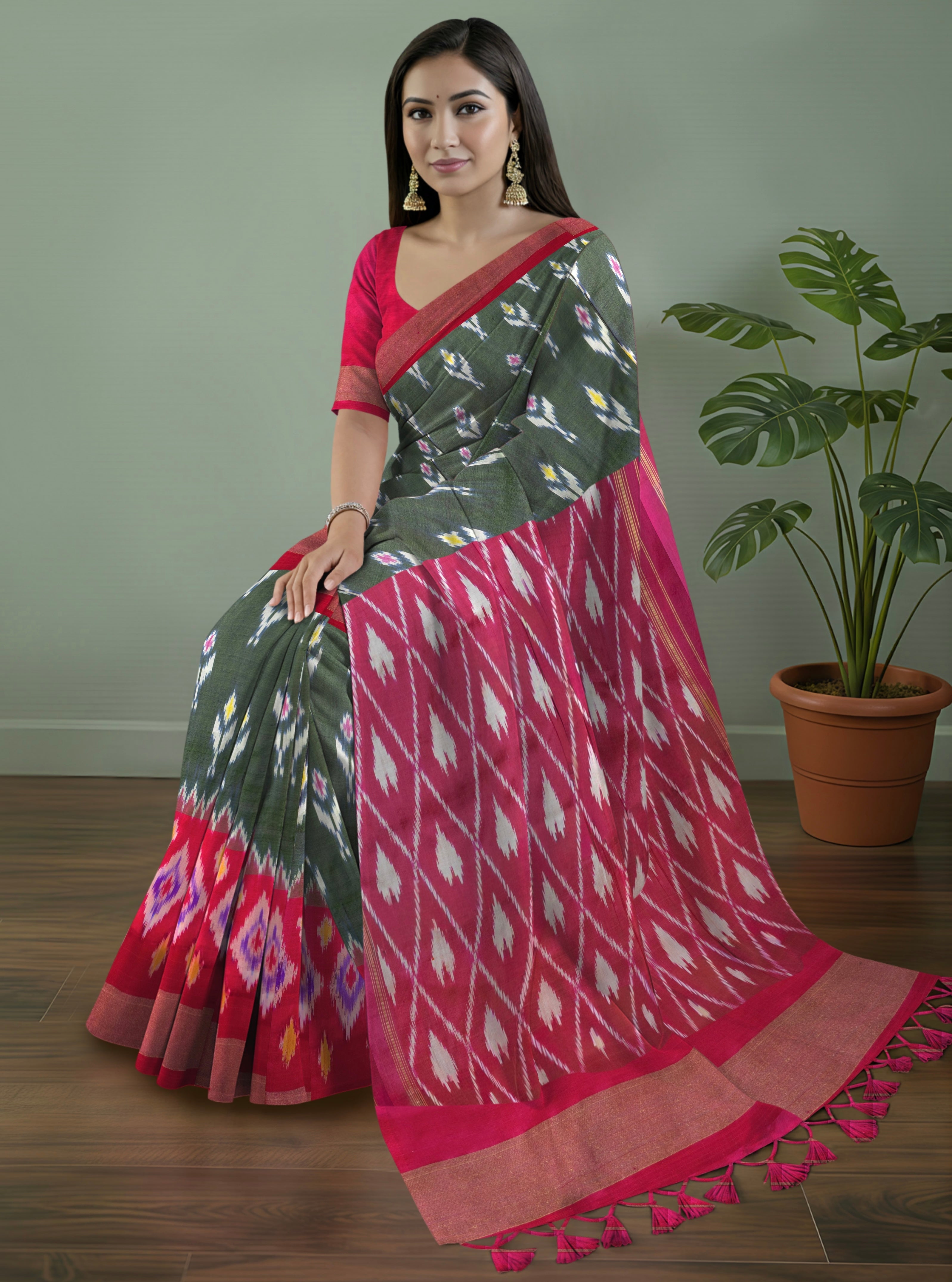 Pure Pochampally Double Ikat Silk Saree in Green with Pink Zari & Ikkat Border