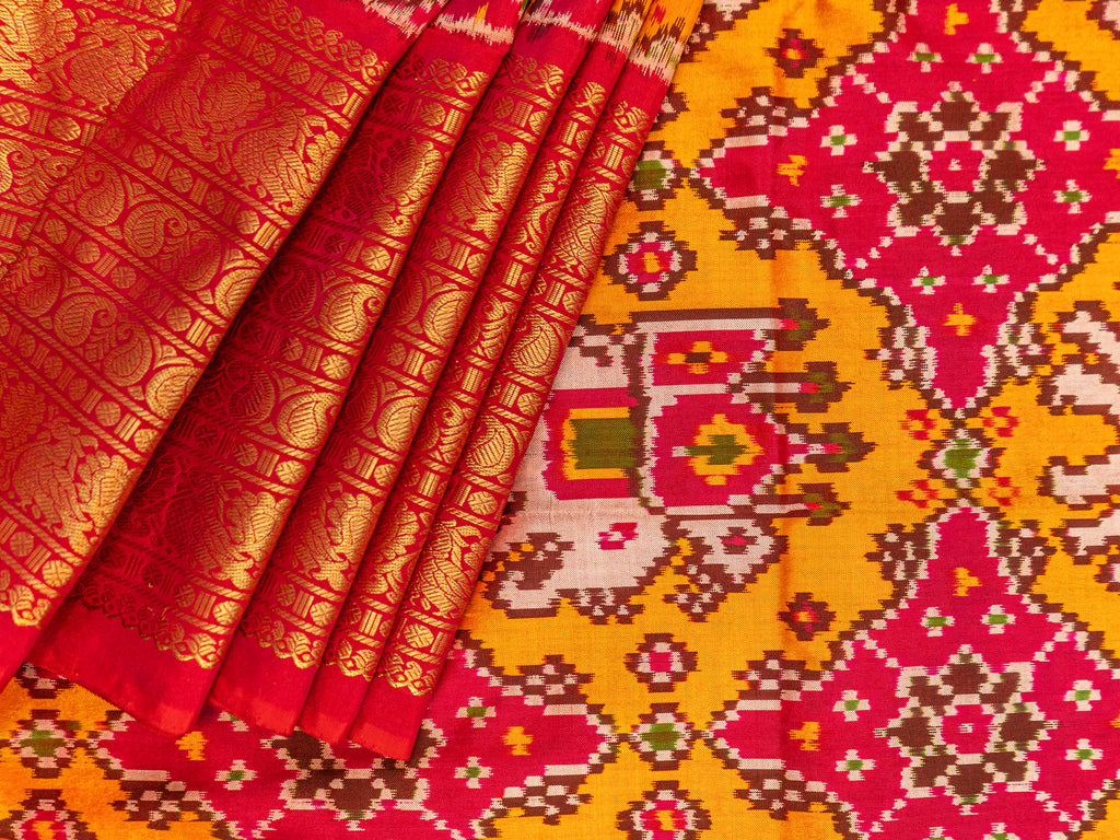 Pure Pochampally Ikat Silk Saree in Orange with Animal Motifs, Kanjivaram Border & Red Zari Pallu