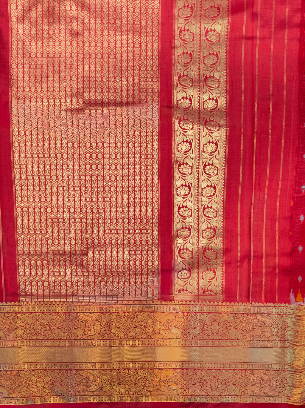 Pure Pochampally Ikat Silk Saree in Dark Green with Kanchivaram Border & Deep Red Zari Pallu