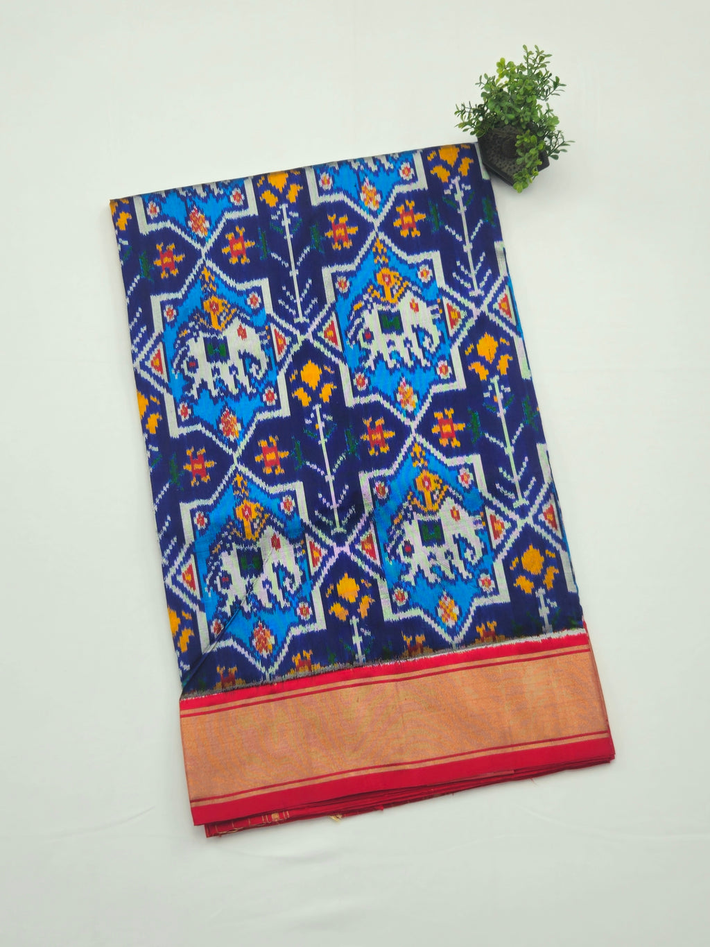 Pure Pochampally silk saree in Blue double ikkat with designer pallu and contrast Blouse