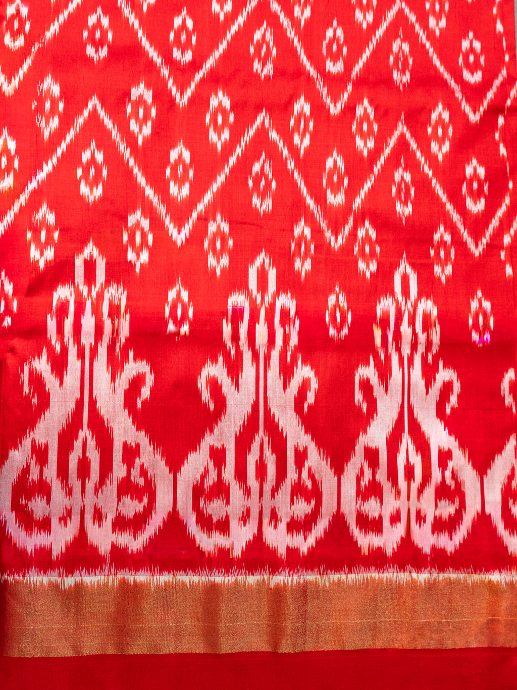 Pure Pochampally Double Ikat Red Silk Saree with Ikat Pallu & Golden Zari Blouse