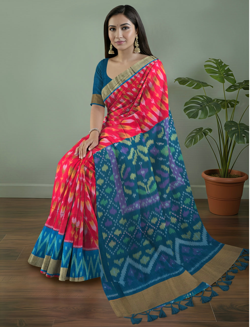 Pure Pochampally Silk Saree in Red with Lotus Ikat Weaving & Contrast Blue Ikat Pallu