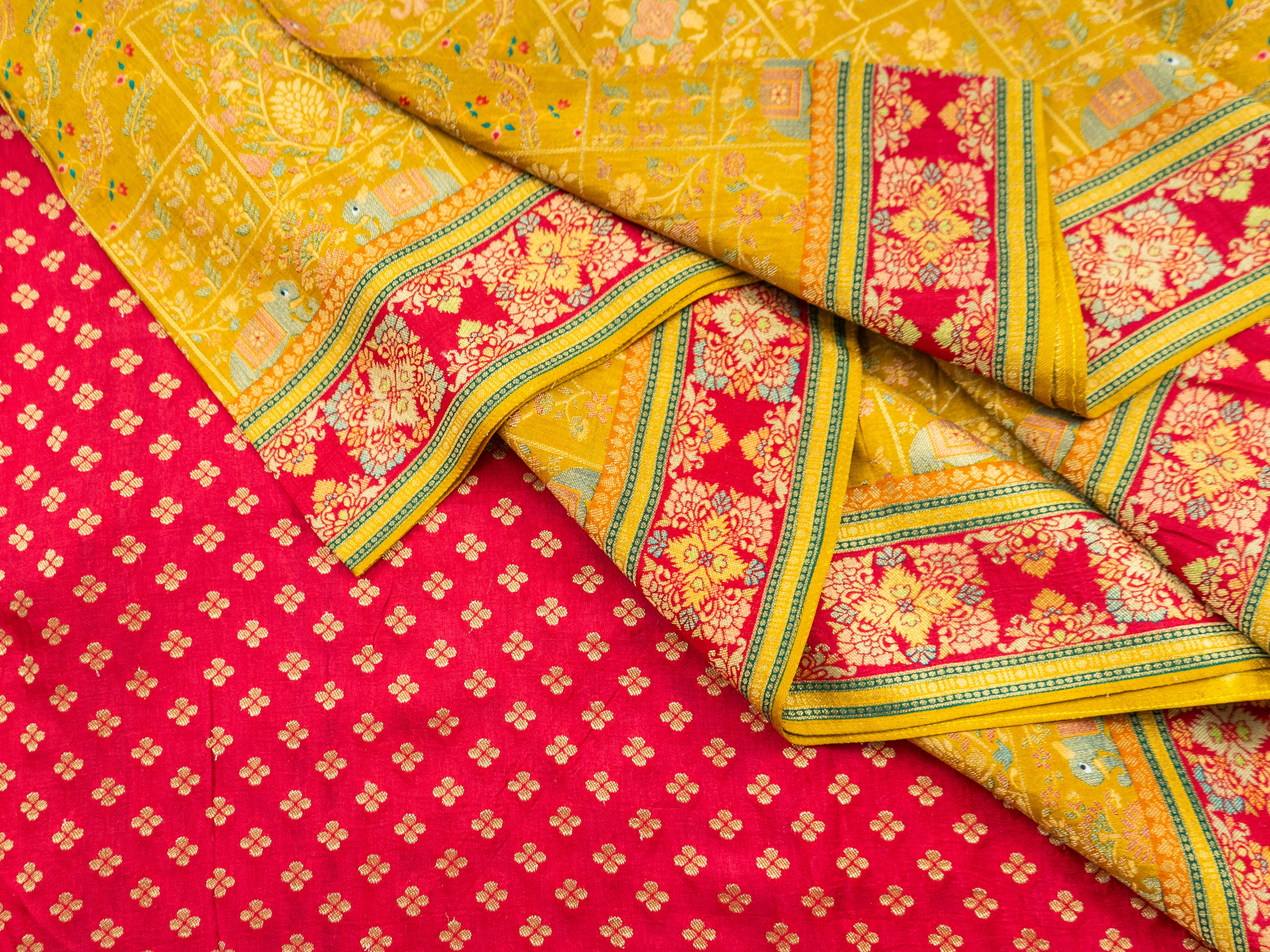 Pure Rajwada Silk Saree in Mustard Yellow with Red Contrast Border & Intricate Pallu
