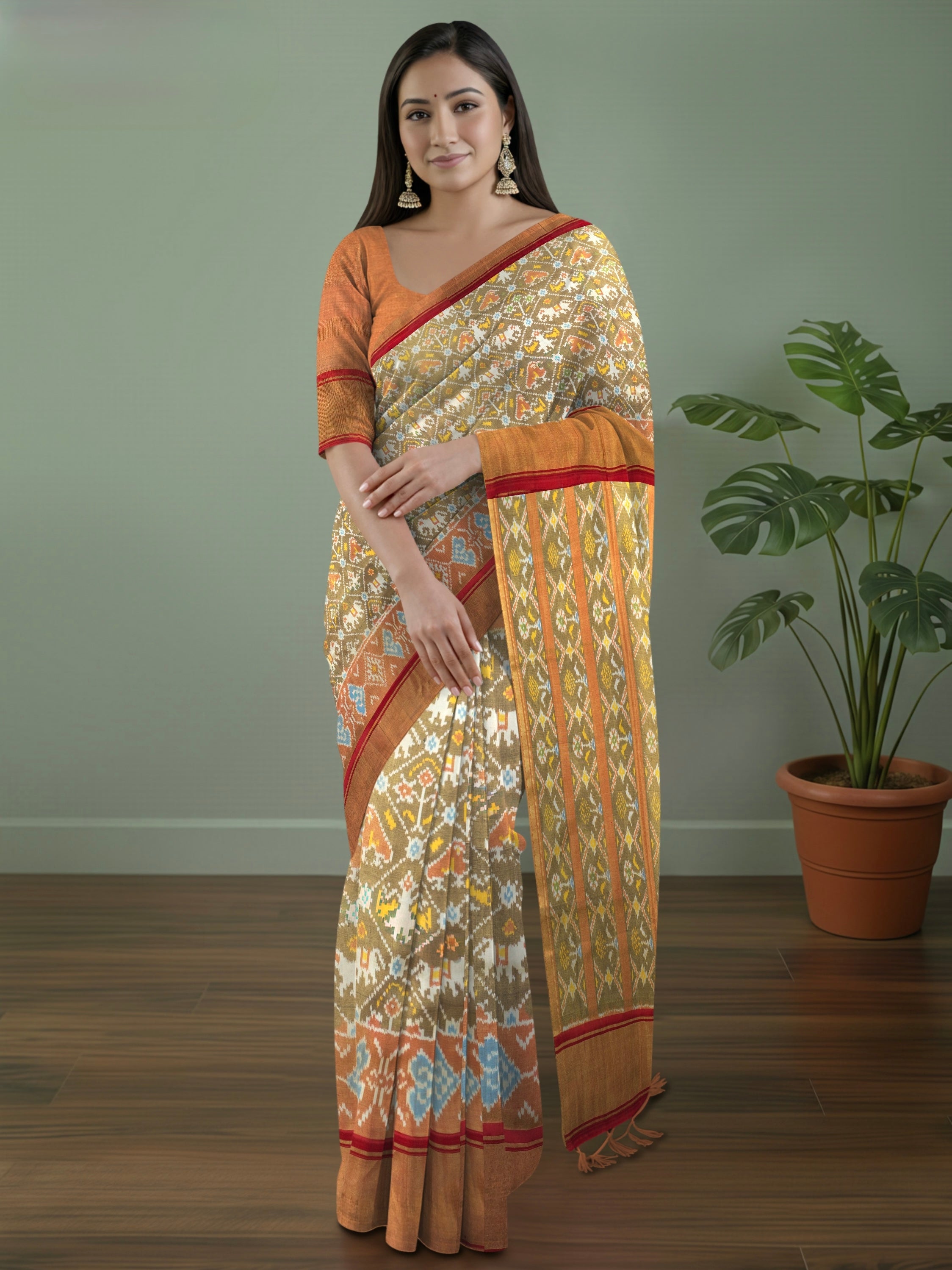 Pure Pochampally Silk Saree in Brown with Gold Zari Sparkle & Orange Ikat Pallu