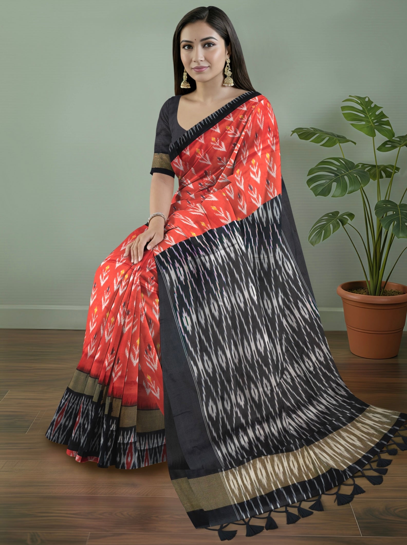 Pure Pochampally Silk Double Ikat Saree in Red with Black Pallu