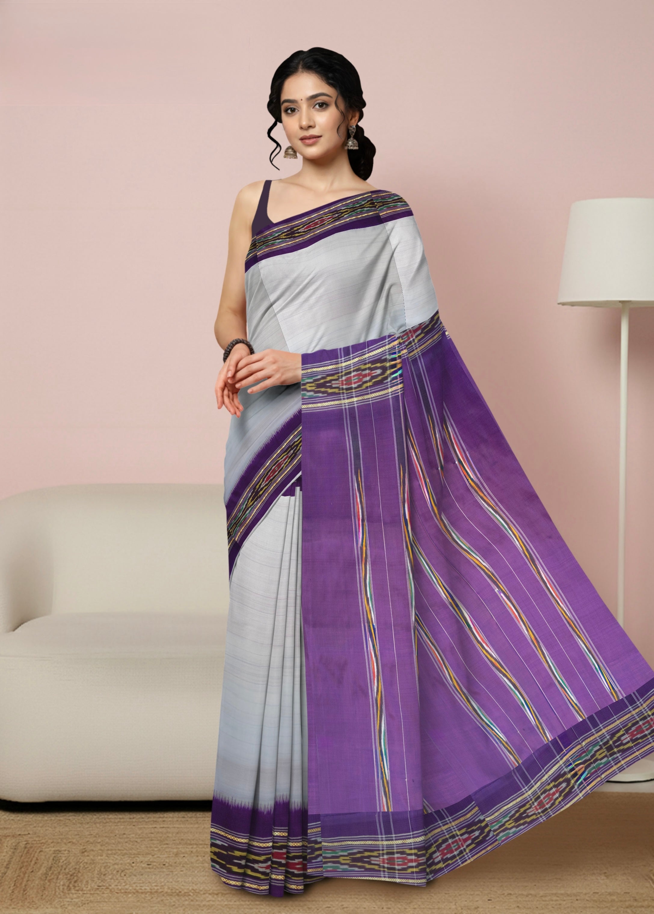 Pure Pochampally Single Ikat Silk Saree in Light Lavender with Deep Purple Patola Pallu (Without Blouse)