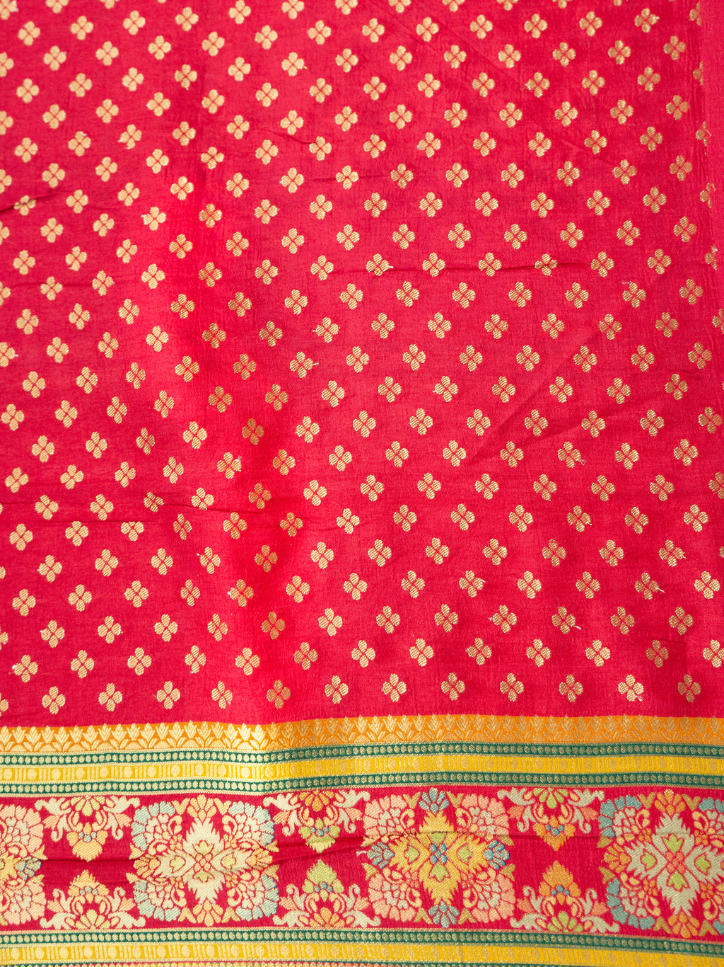 Pure Rajwada Silk Saree in Mustard Yellow with Red Contrast Border & Intricate Pallu