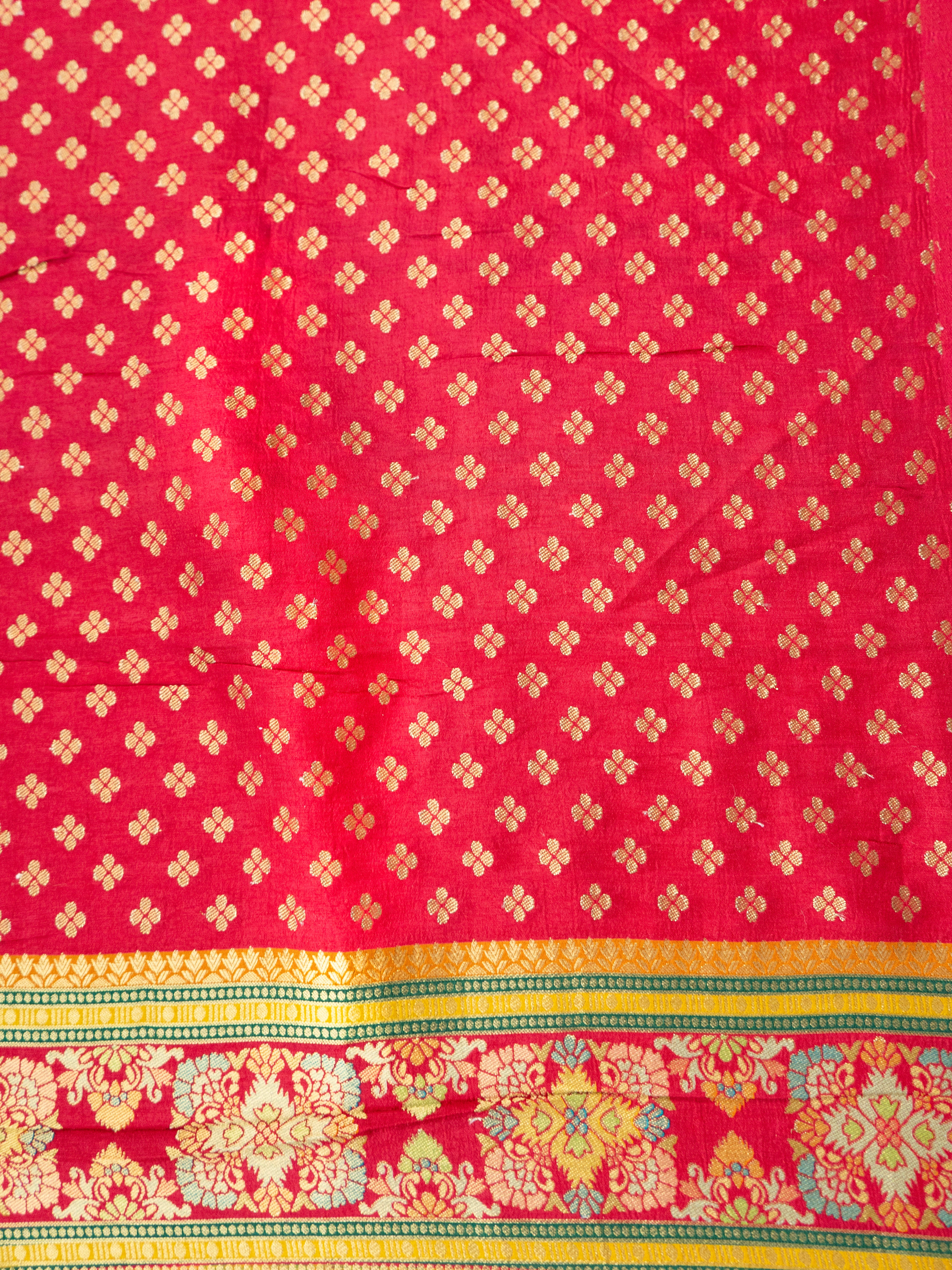 Pure Rajwada Silk Saree in Mustard Yellow with Red Contrast Border & Intricate Pallu