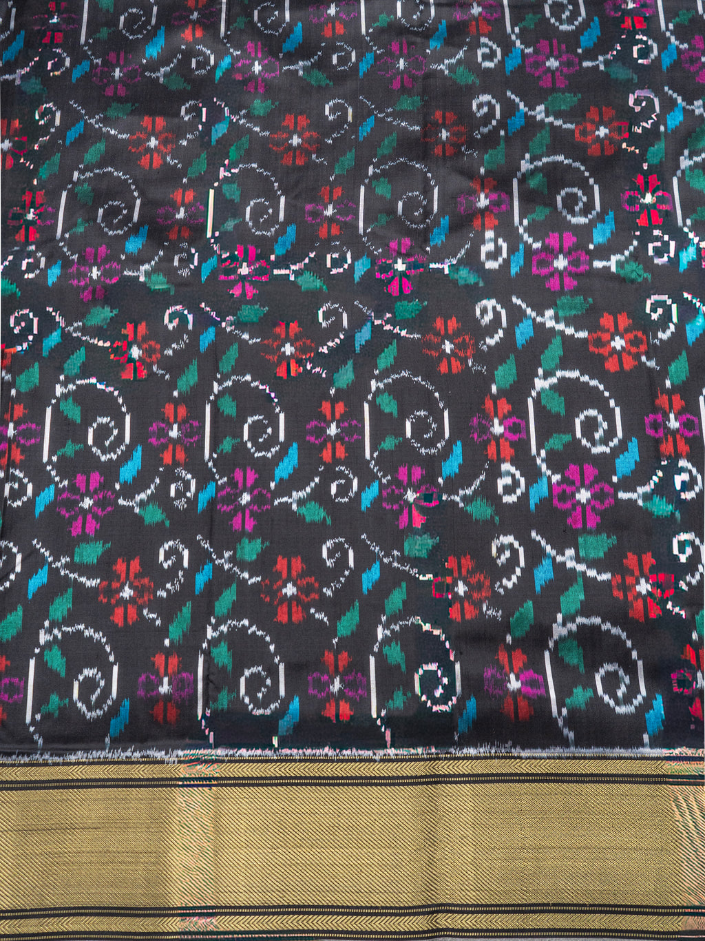 Pure Pochampally Kanjivaram Ikat Silk Saree with Gold Zari Border & Floral Ikat Weaving