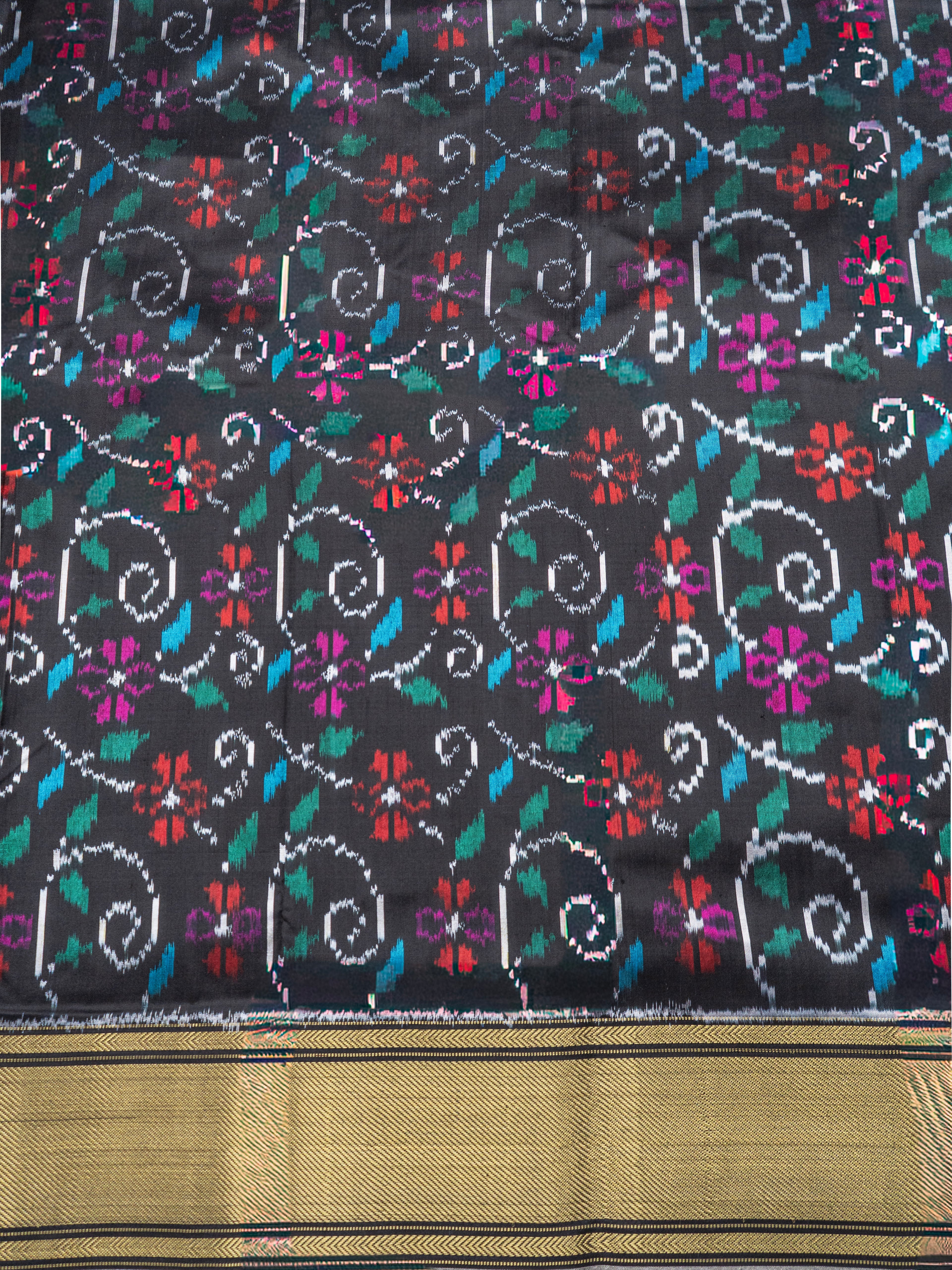 Pure Pochampally Kanjivaram Ikat Silk Saree with Gold Zari Border & Floral Ikat Weaving