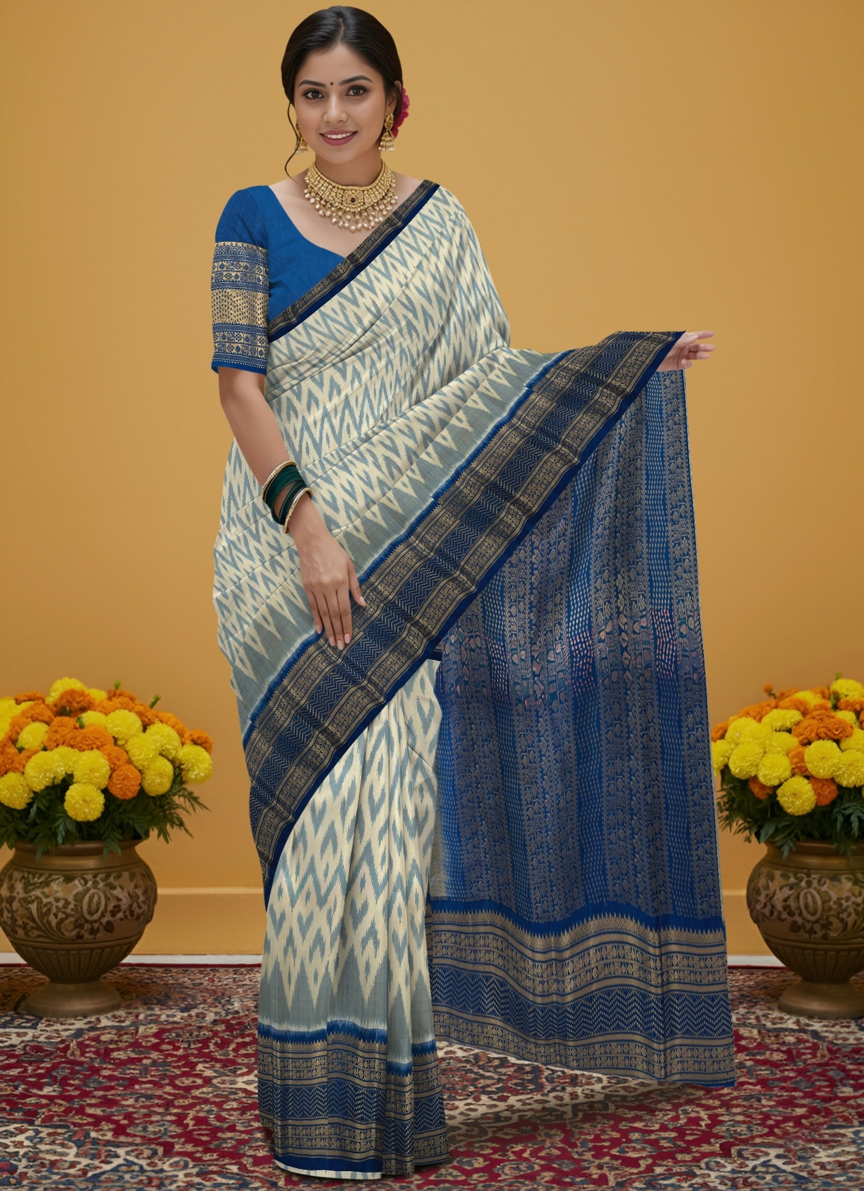 Pure Pochampally Double Ikat Silk Saree in White with Blue Ikat Pallu & Gold Zari Border