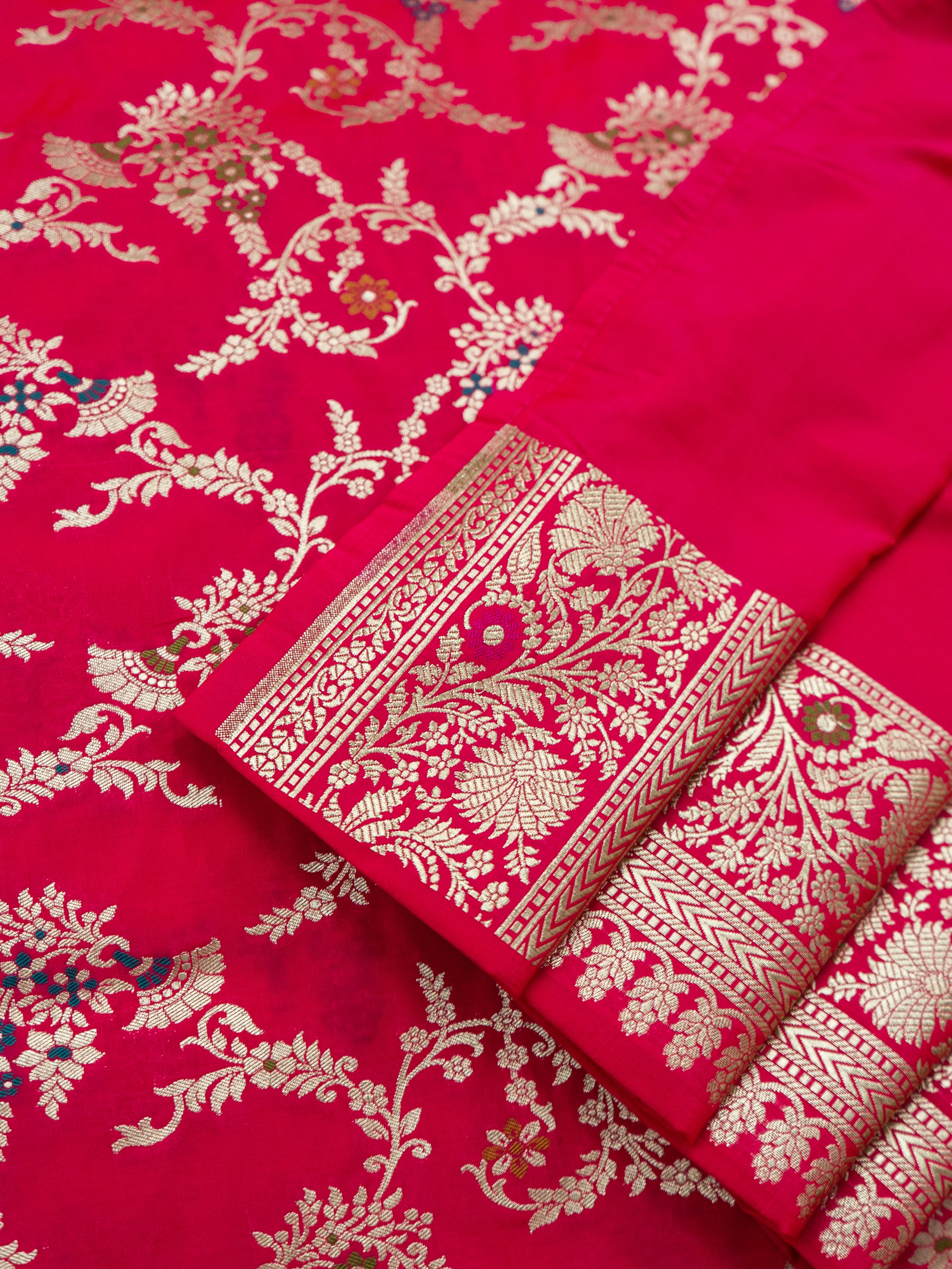 Pure Banarasi Katan Silk Saree in Deep Pink with Multicolor Floral Zari & Rich Zari Pallu