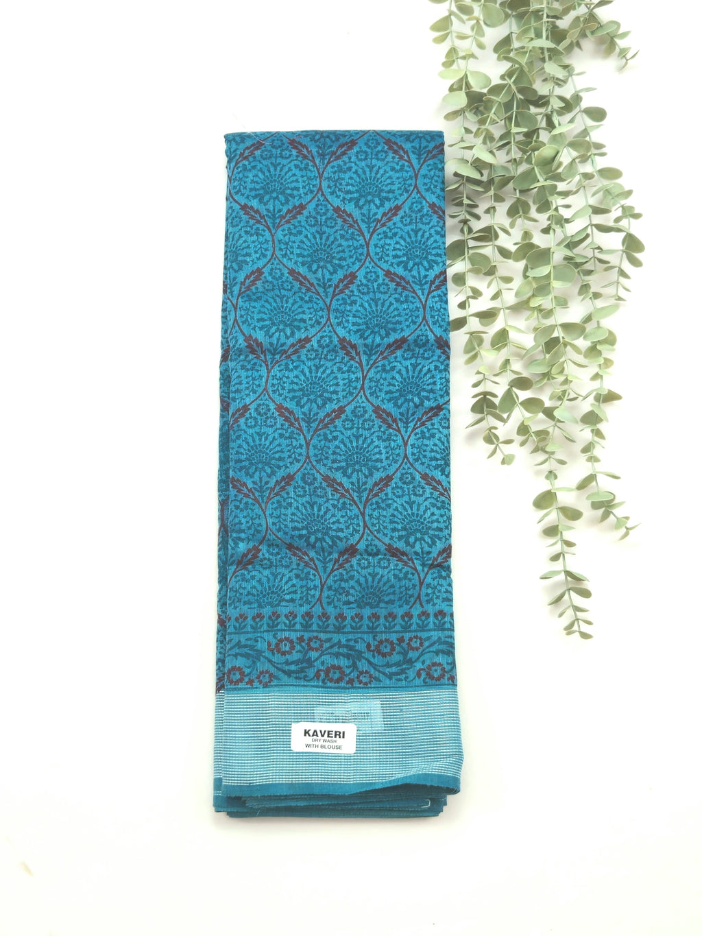 Kalamkari saree in royal blue color designer print pallu and plain blouse