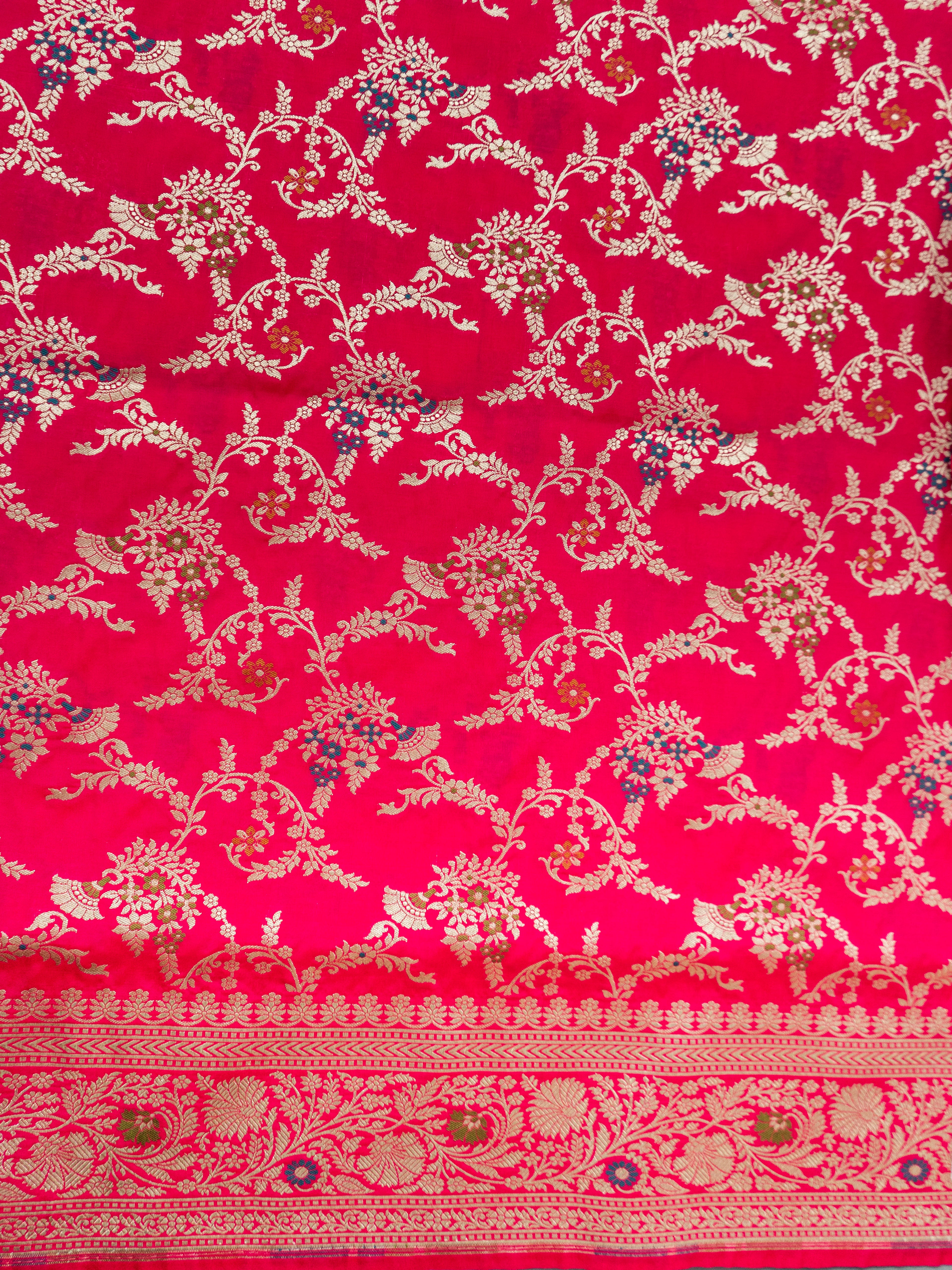 Pure Banarasi Katan Silk Saree in Deep Pink with Multicolor Floral Zari & Rich Zari Pallu