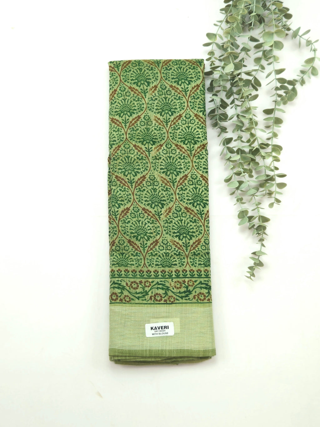 Kalamkari saree in olive green color designer print pallu and plain blouse