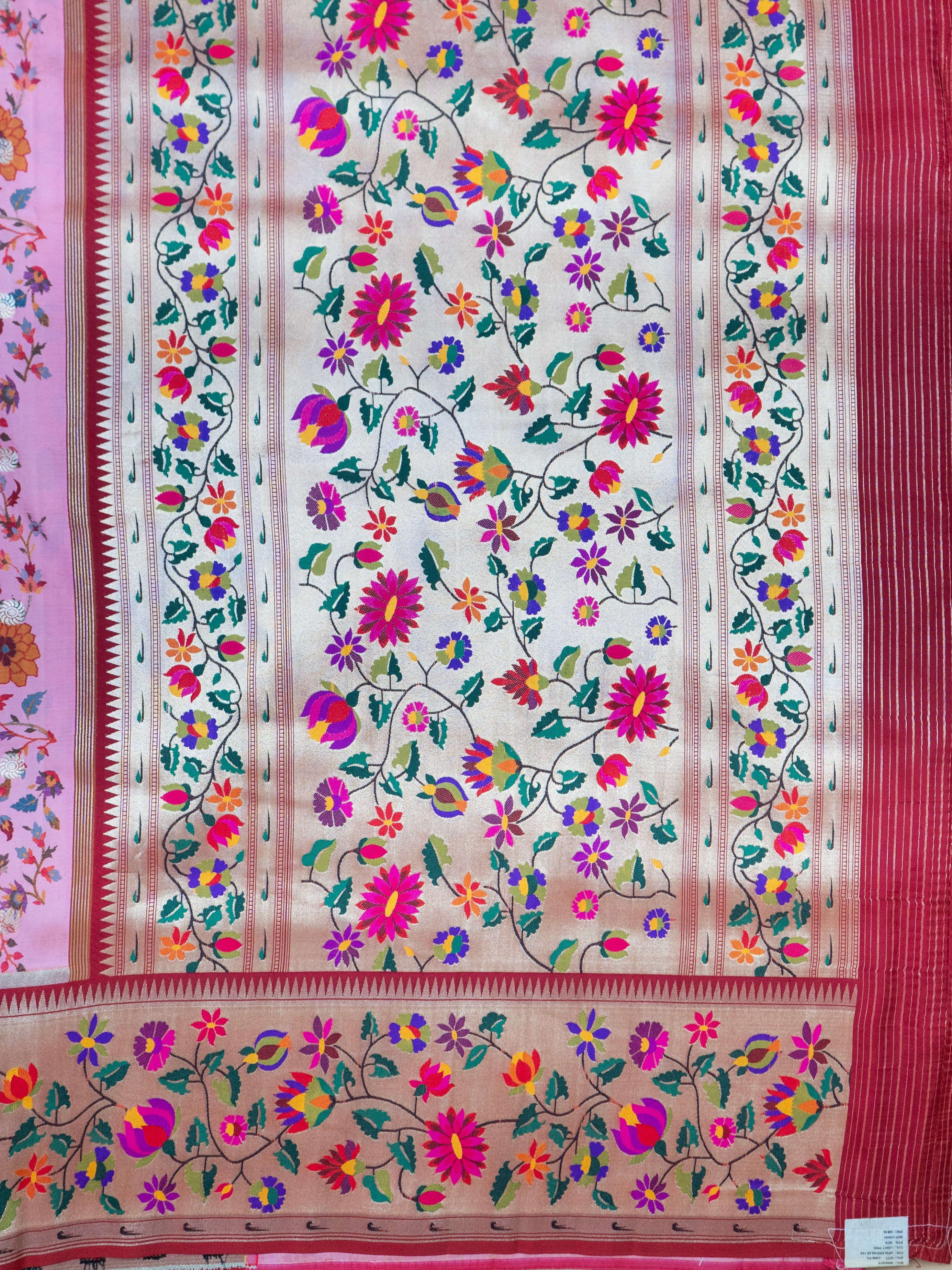 Pure Maharashtrian Patni Silk Saree in Pink with Floral Print & Silver Zari Pallu