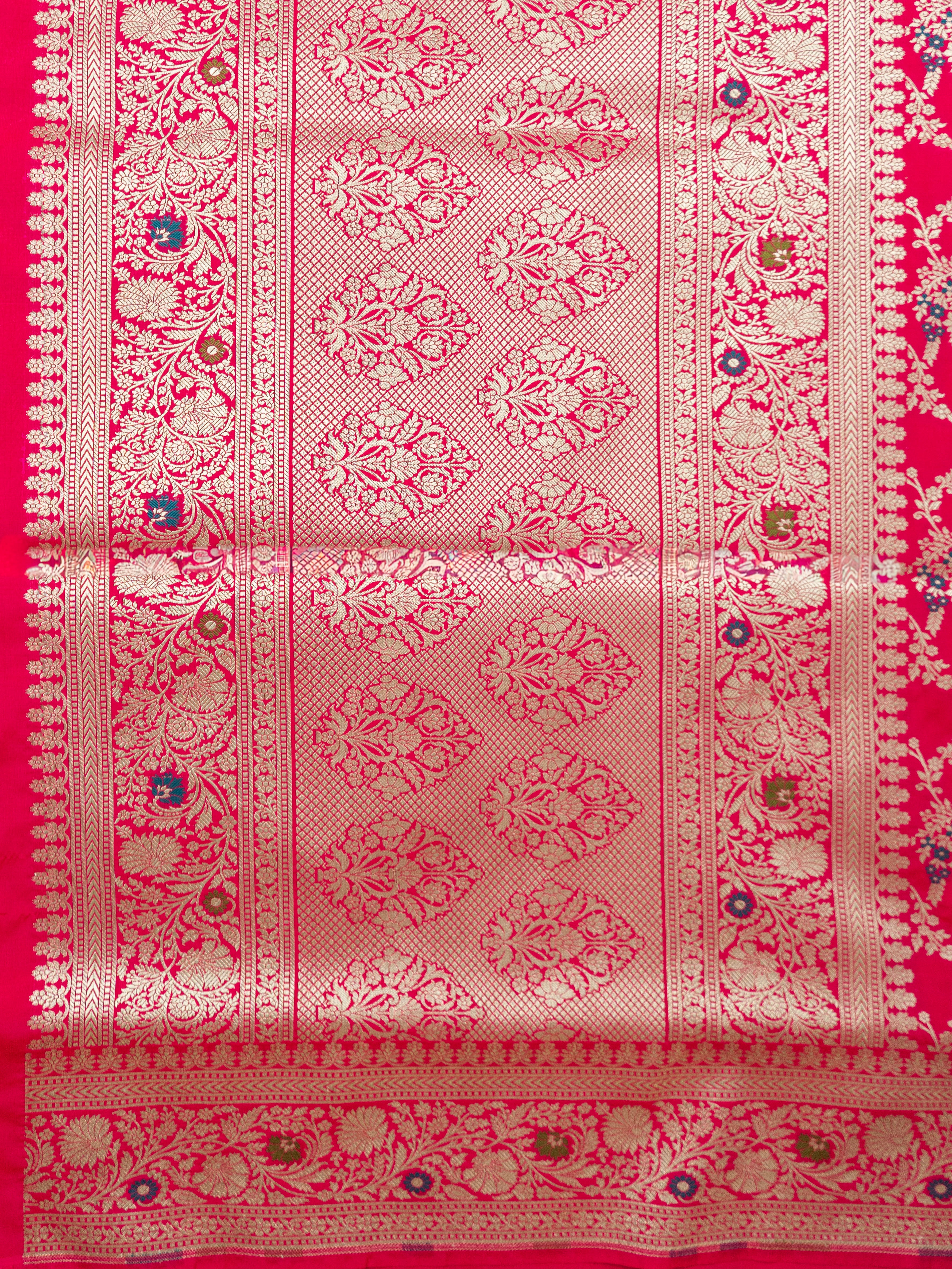 Pure Banarasi Katan Silk Saree in Deep Pink with Multicolor Floral Zari & Rich Zari Pallu