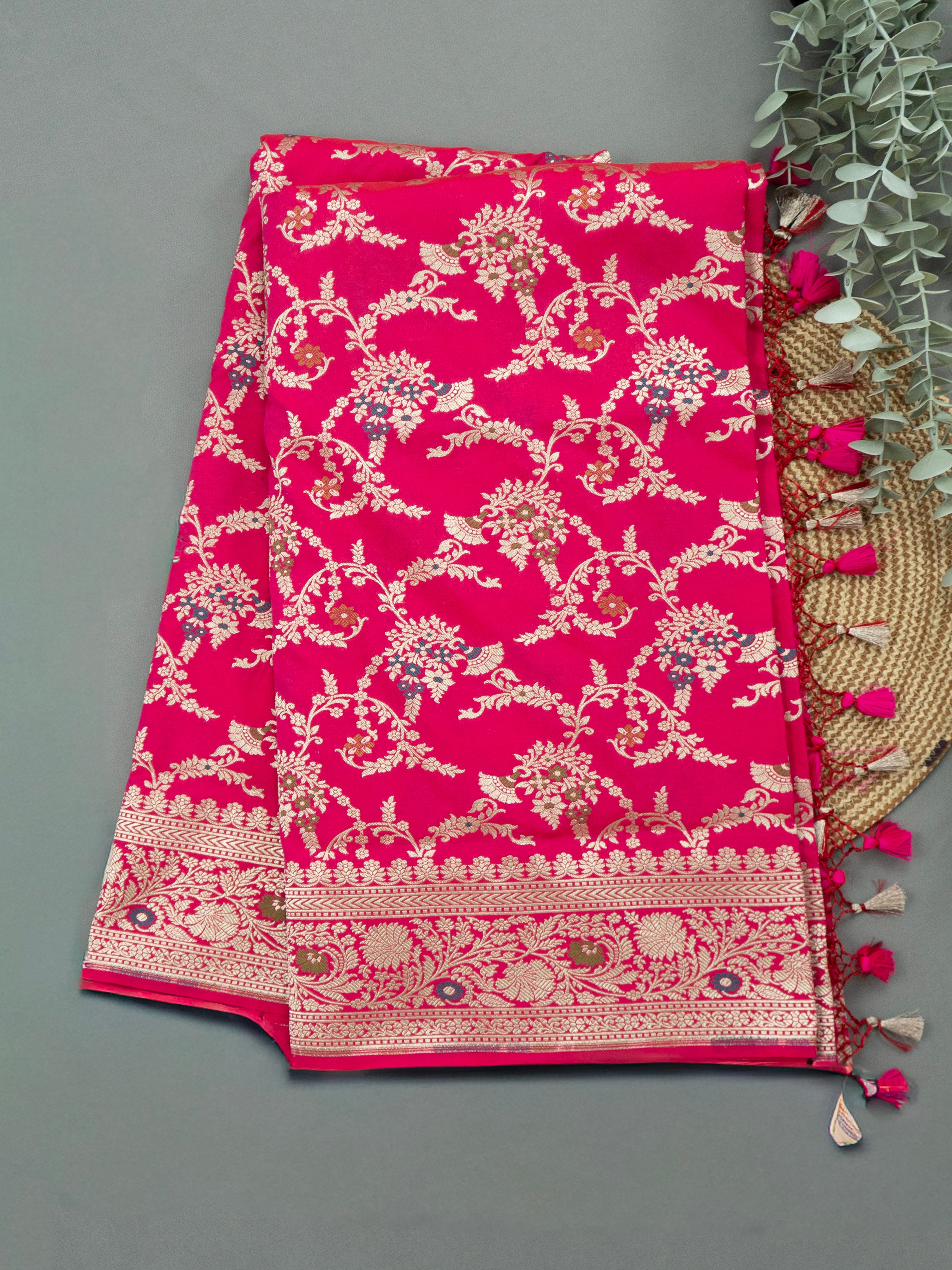 Pure Banarasi Katan Silk Saree in Deep Pink with Multicolor Floral Zari & Rich Zari Pallu