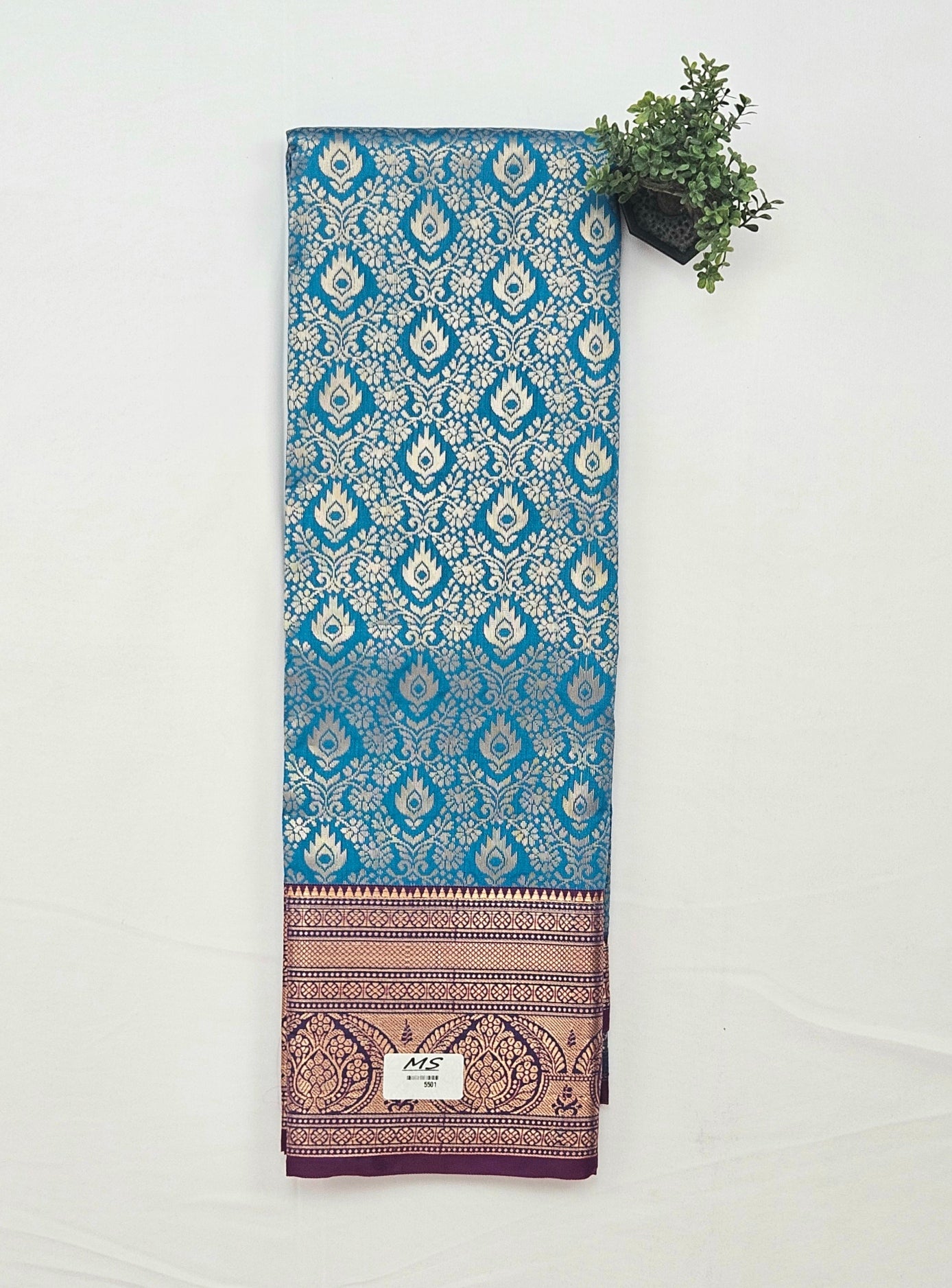 Kanchivaram gold brocrade saree in blue color with contrast blouse