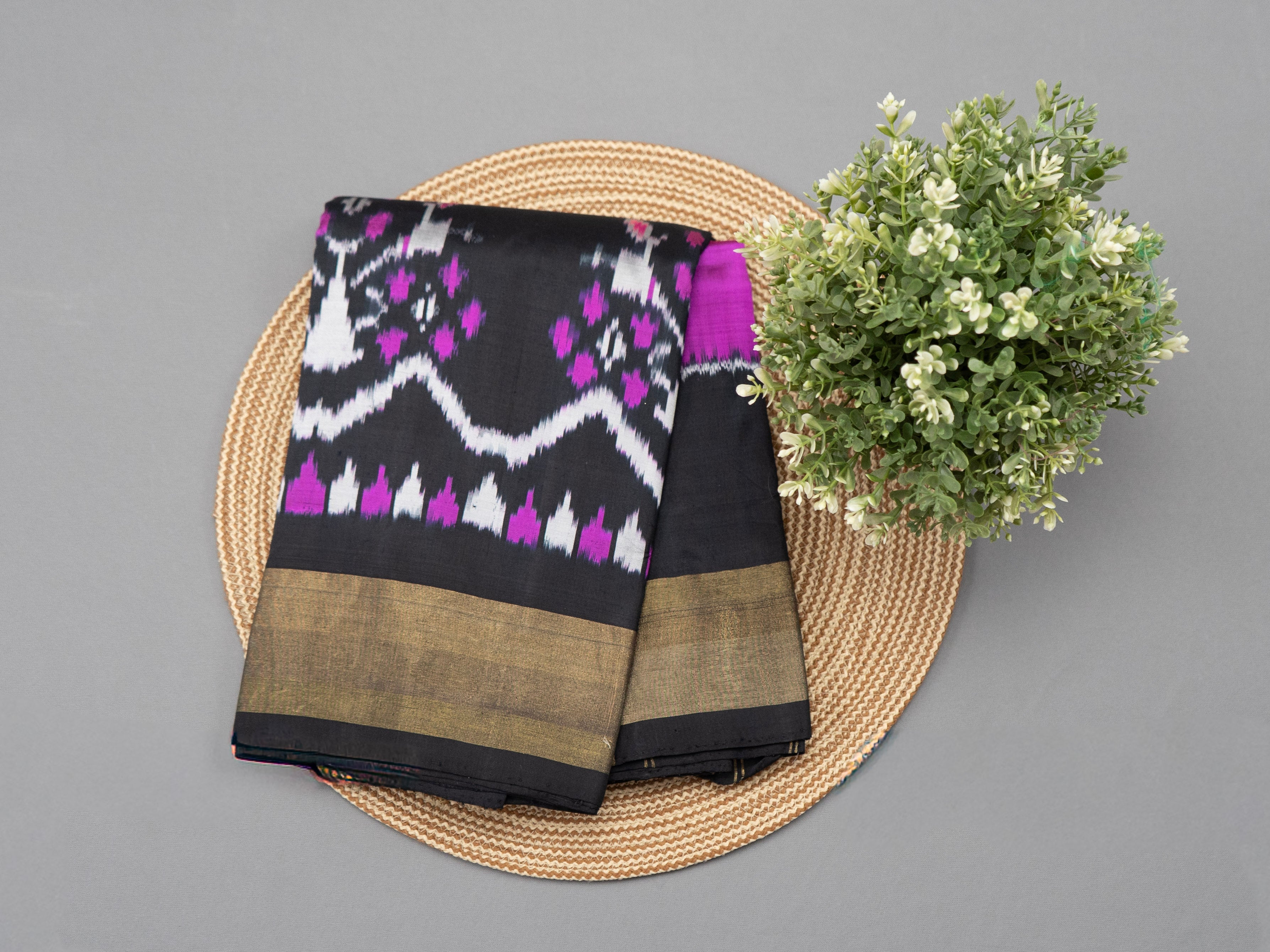 Pure Pochampally Double Ikat Pink Silk Saree with Black Designer Ikat Pallu & Gold Zari Border