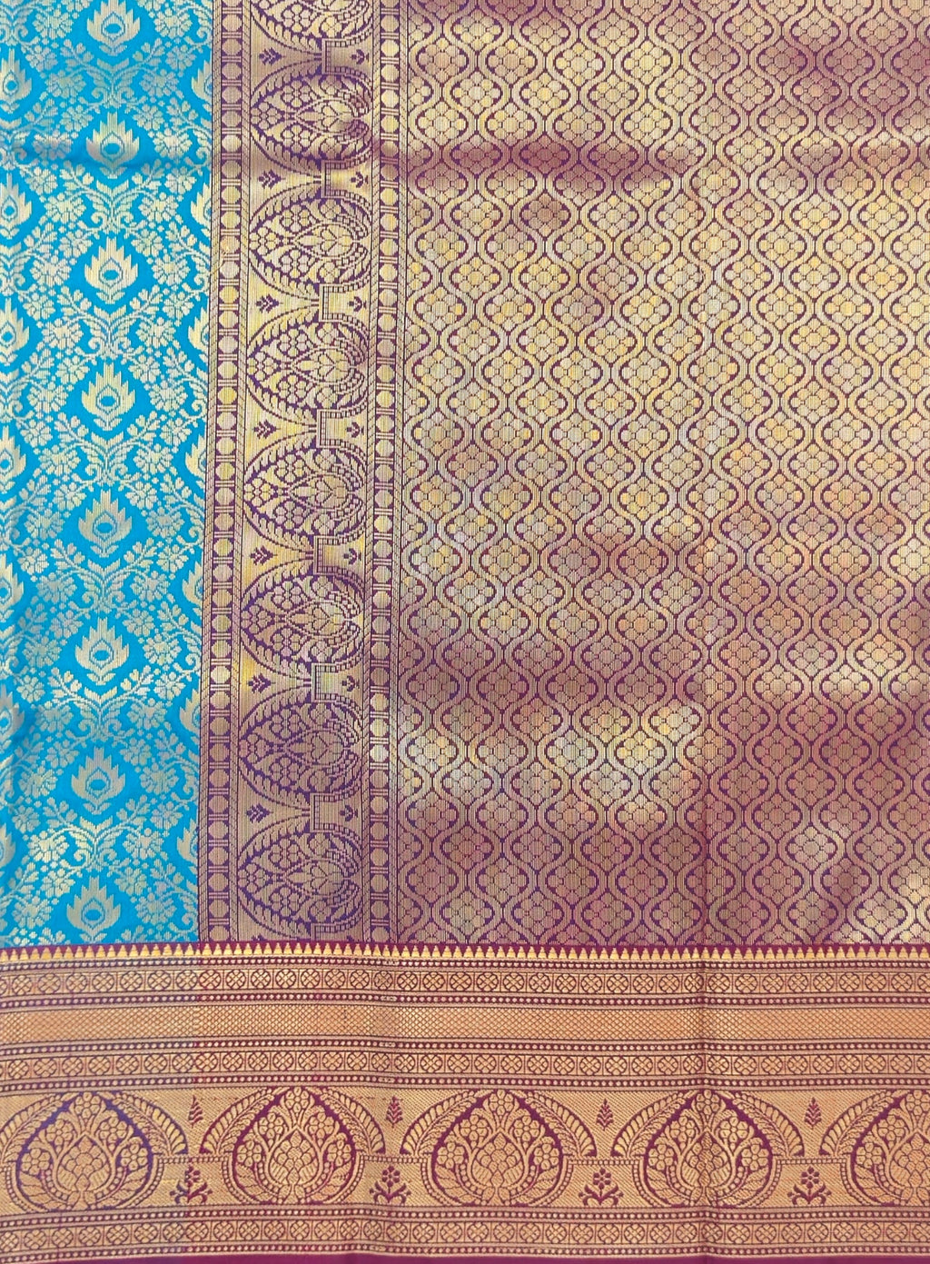 Kanchivaram gold brocrade saree in blue color with contrast blouse