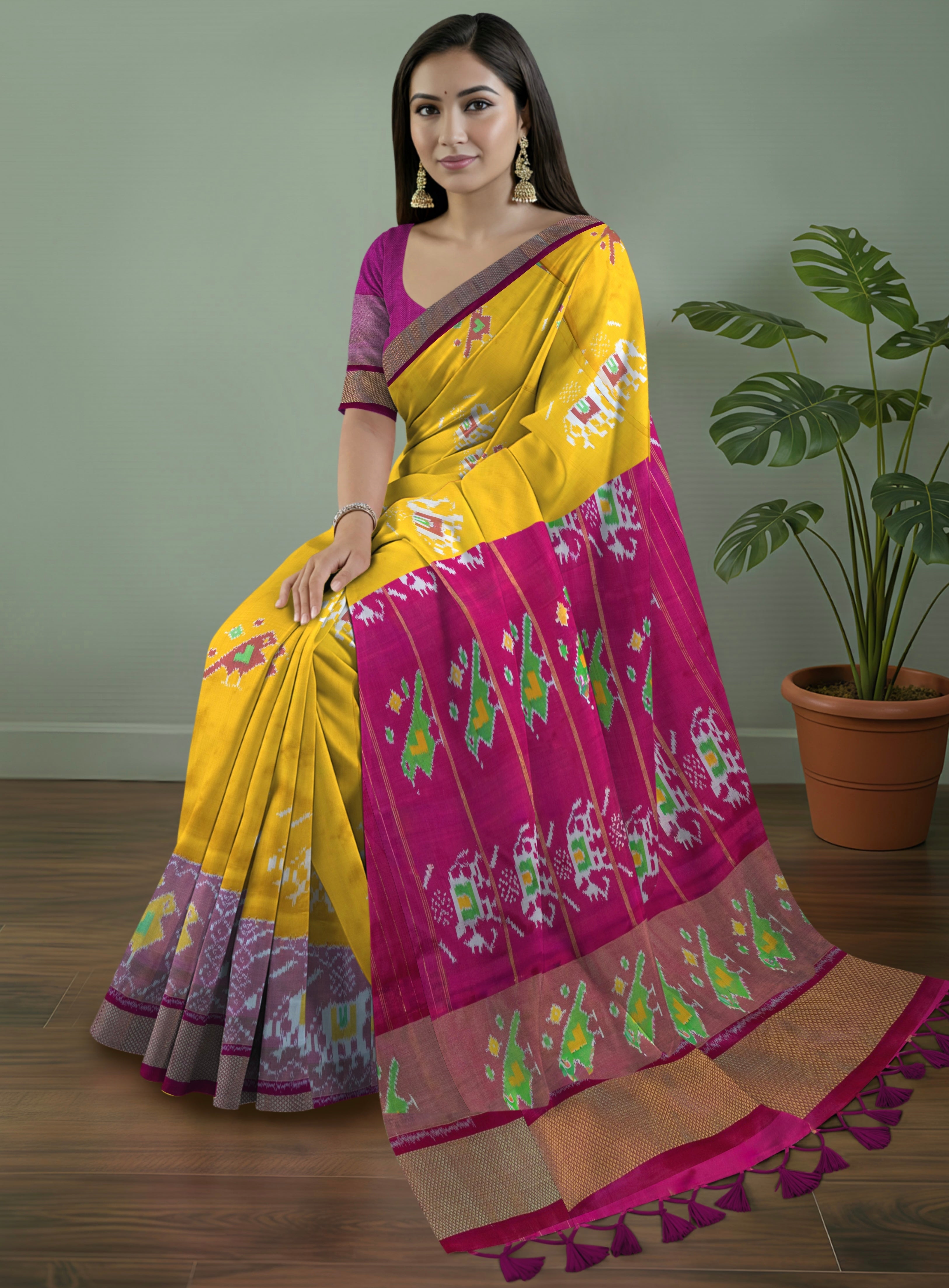 Pure Pochampally Double Ikat Silk Saree in Yellow with Elephant Ikat & Pink Pallu