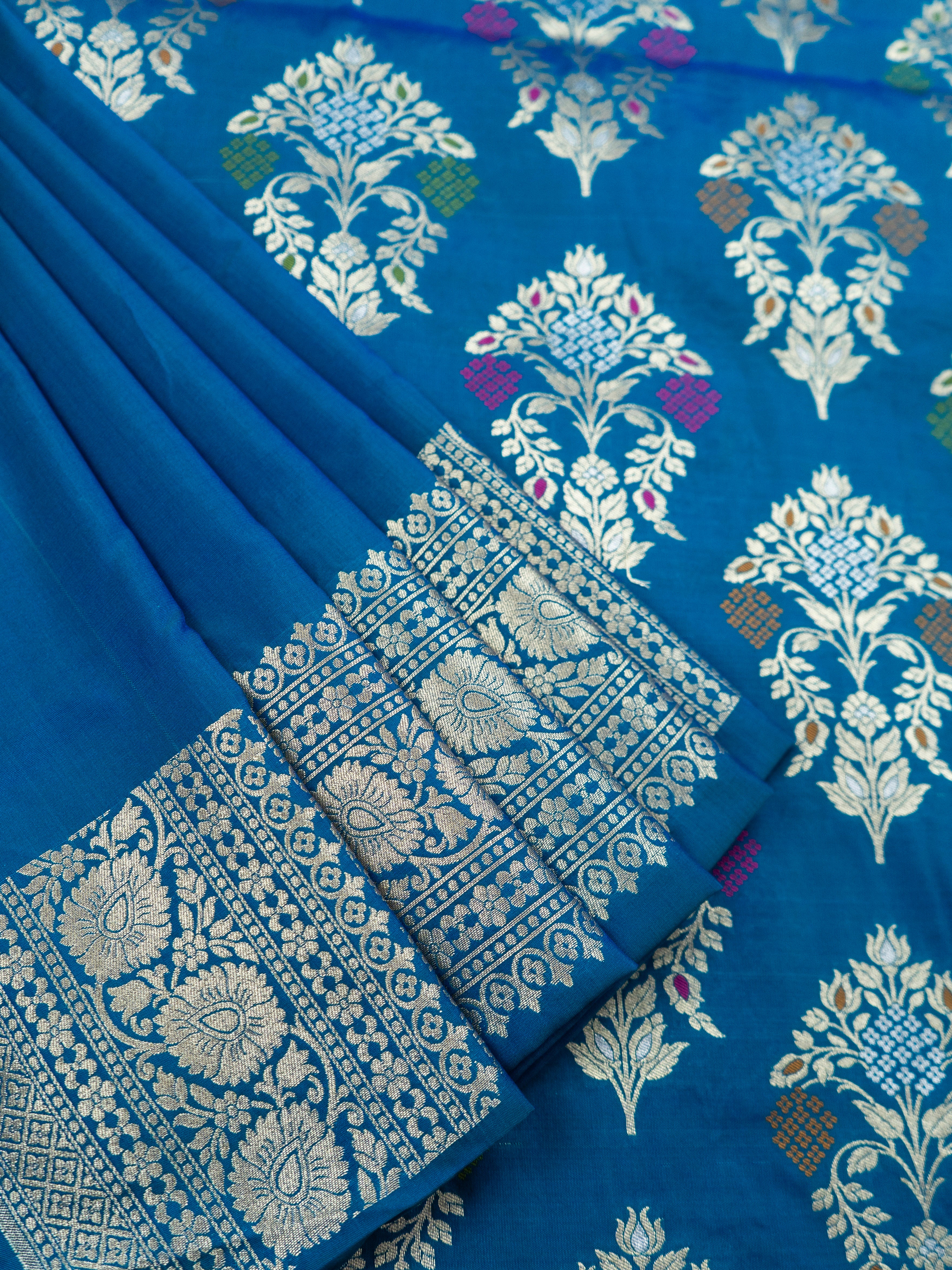 Pure Banarasi Katan Silk Saree in Royal Blue with Multicolor Floral Zari & Rich Zari Pallu
