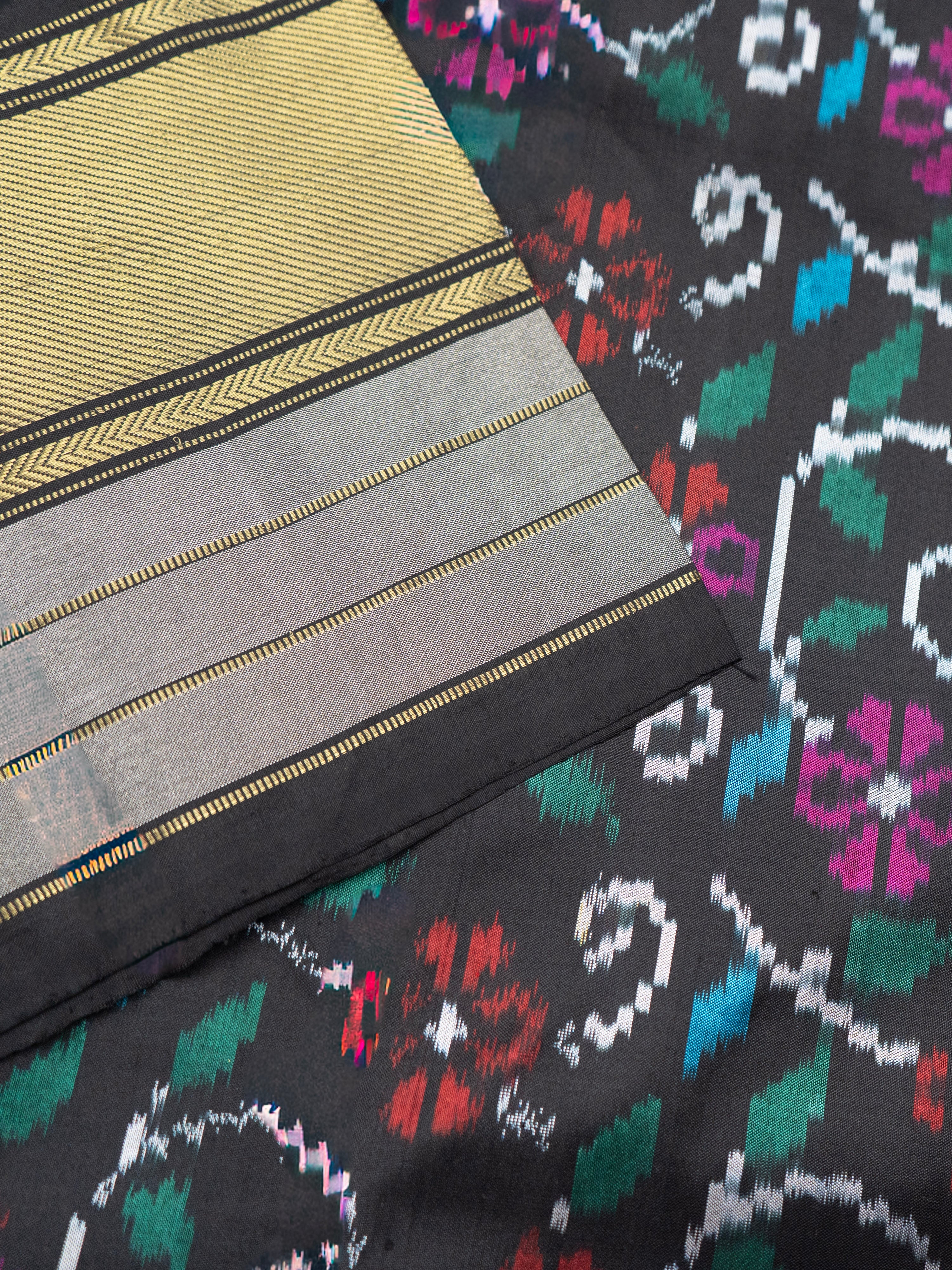 Pure Pochampally Kanjivaram Ikat Silk Saree with Gold Zari Border & Floral Ikat Weaving