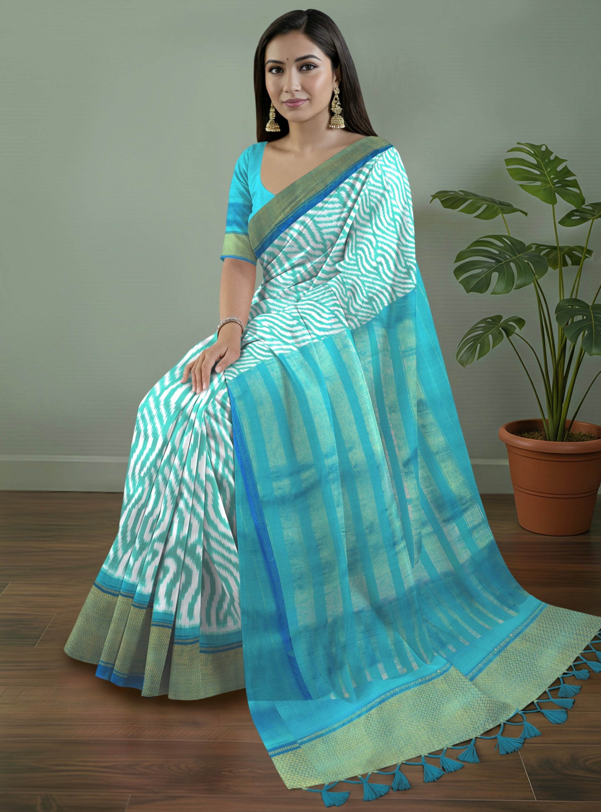 Pure Pochampally Double Ikat Silk Saree in Sea Green & White with Zari Pallu