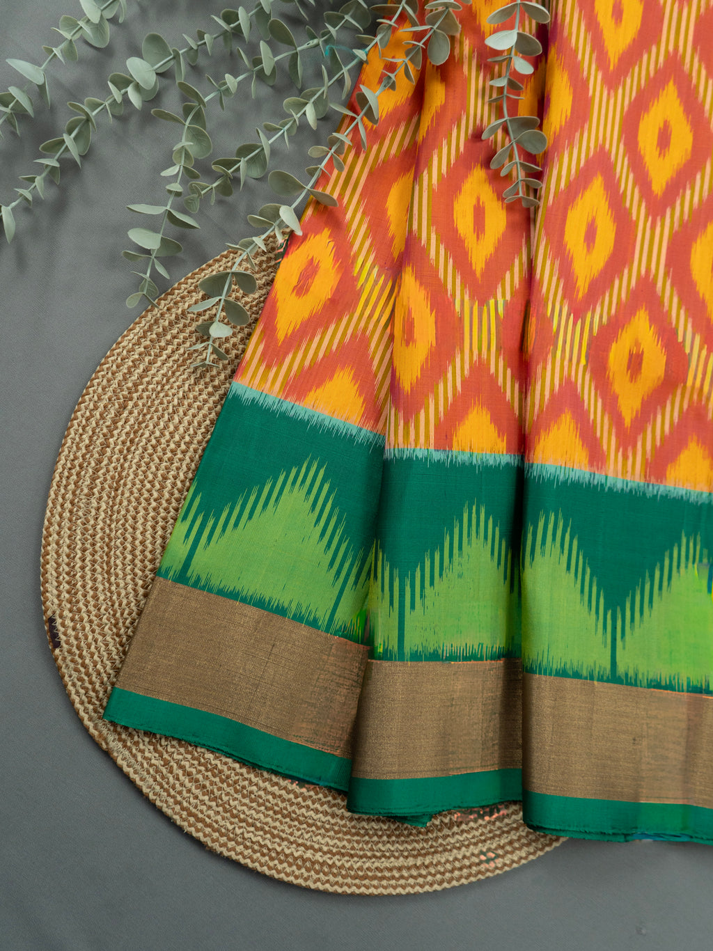 Pure Pochampally Silk Saree in Orange with Green Ikat Pallu & Multicolor Weaving