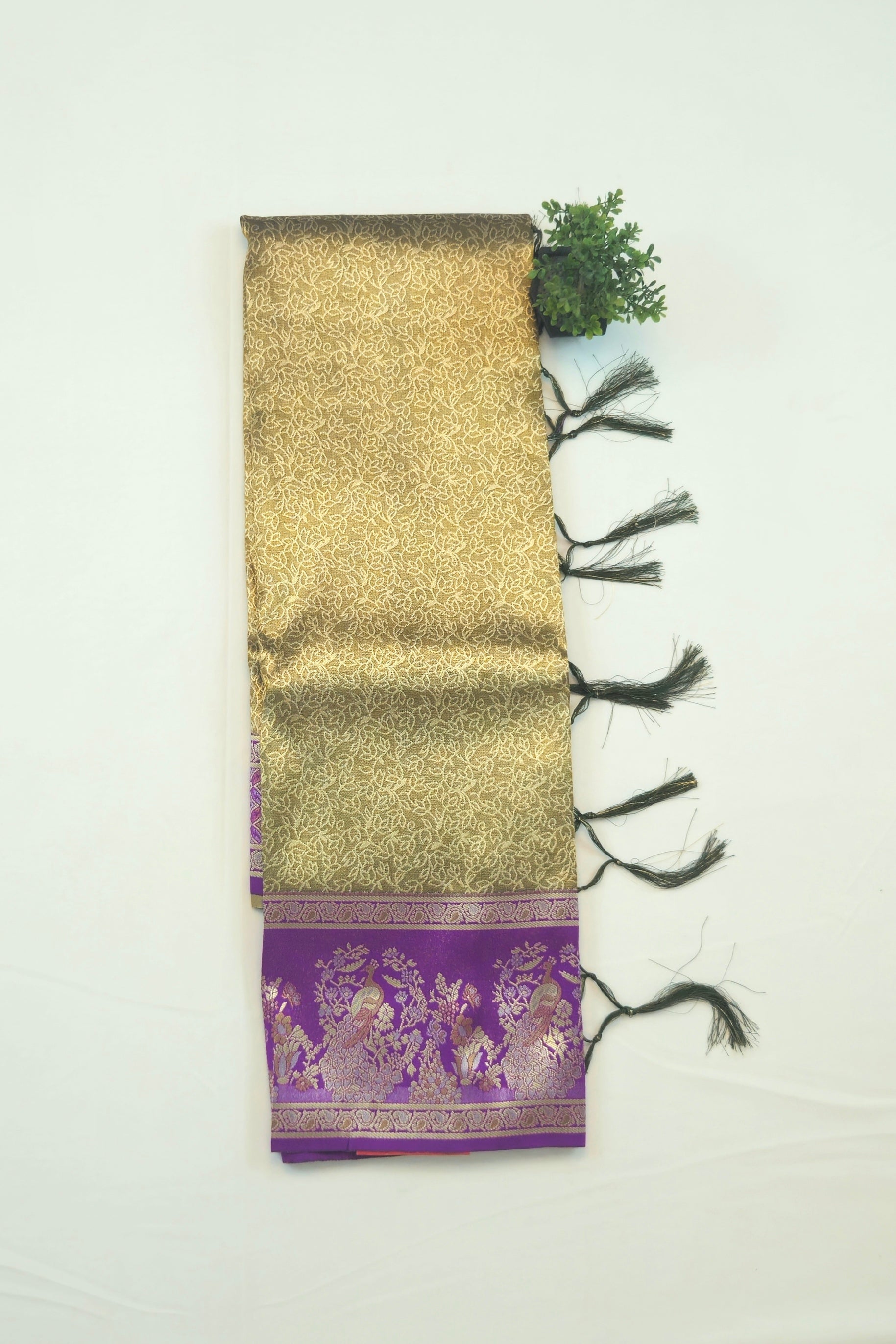 Kanchivaram heavy weaving  saree in olive green color with contrast geometric blouse