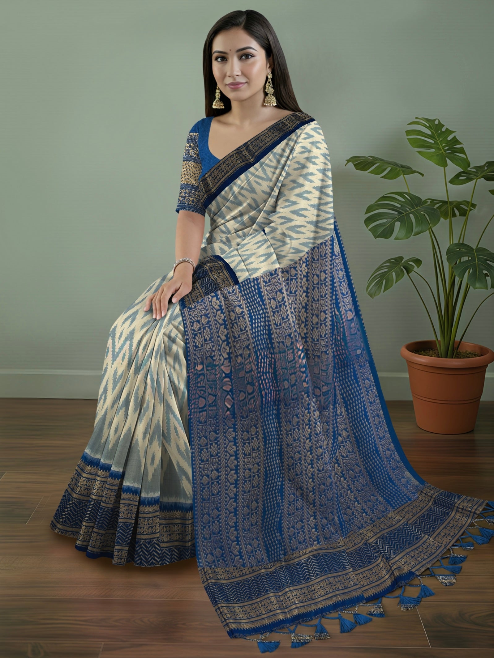 Pure Pochampally Double Ikat Silk Saree in White with Blue Ikat Pallu & Gold Zari Border