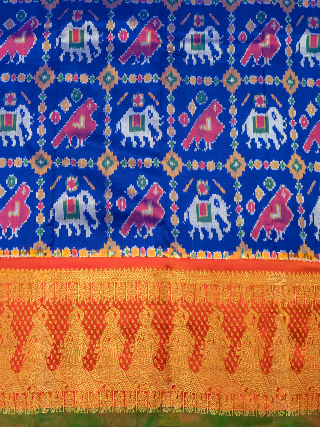 Pure Pochampally Double Ikat Kanjivaram Silk Saree in Blue with Orange Rajwada Pallu