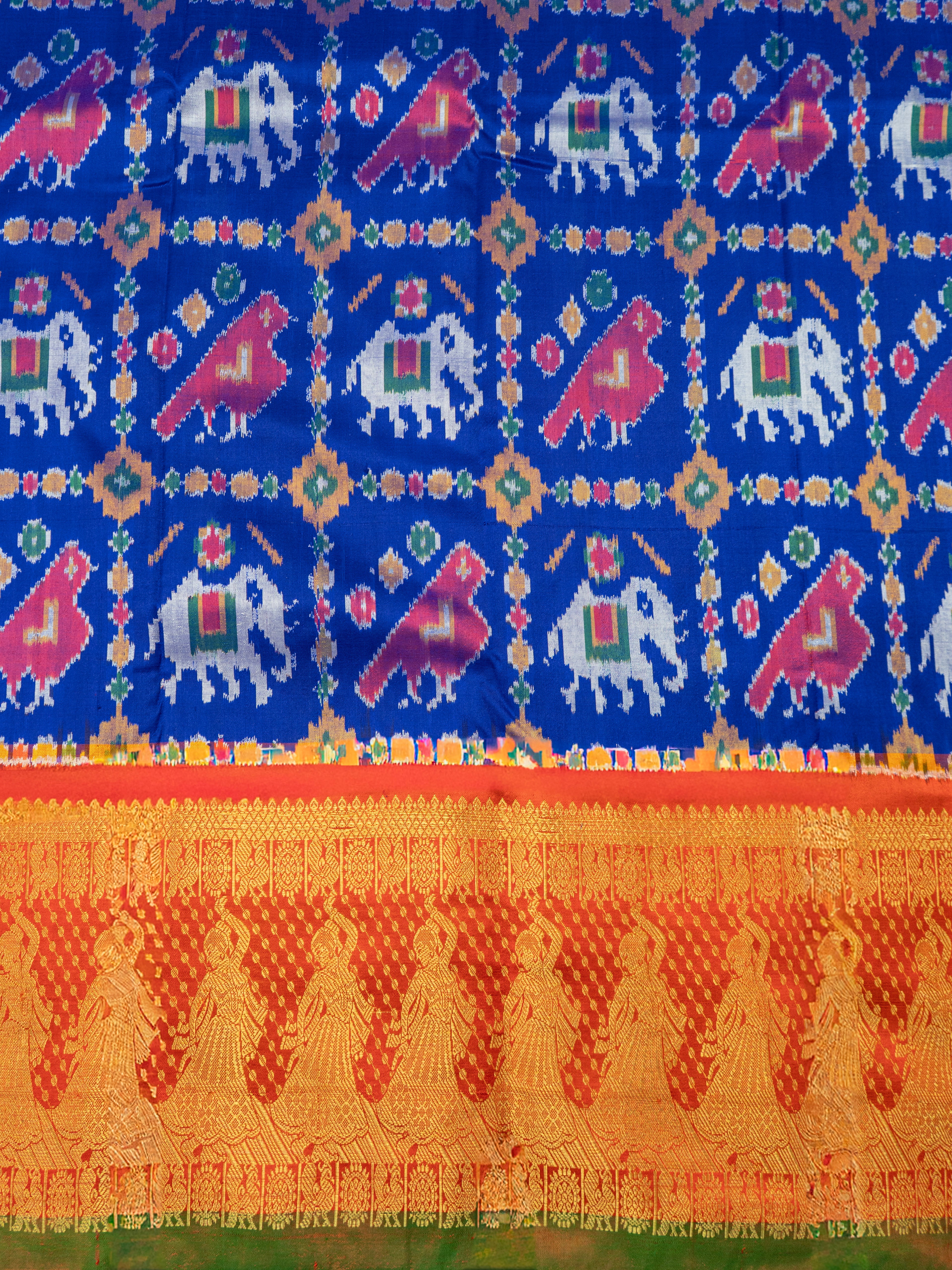 Pure Pochampally Double Ikat Kanjivaram Silk Saree in Blue with Orange Rajwada Pallu