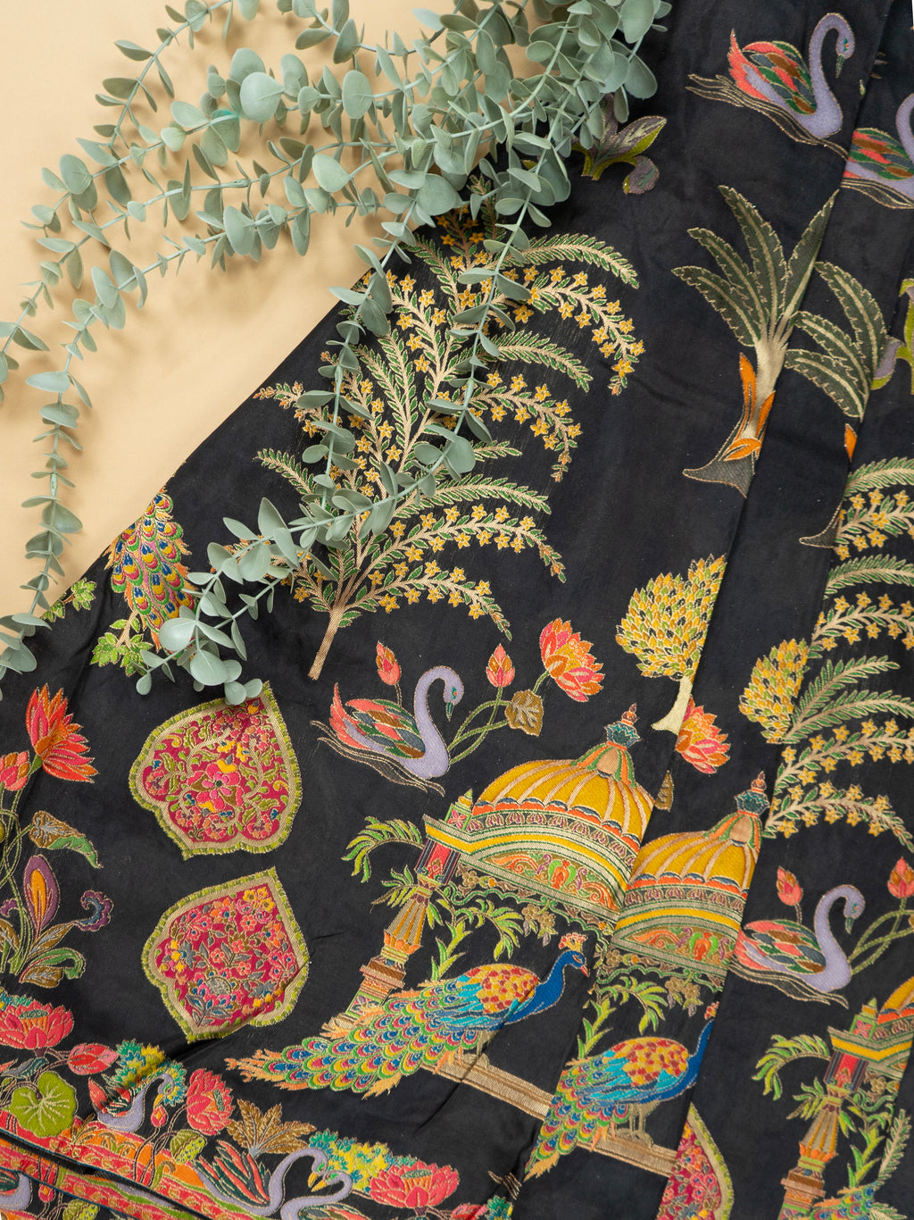 Pure Rajwada Silk Saree in Black with Animal Weaving & Red Contrast Blouse