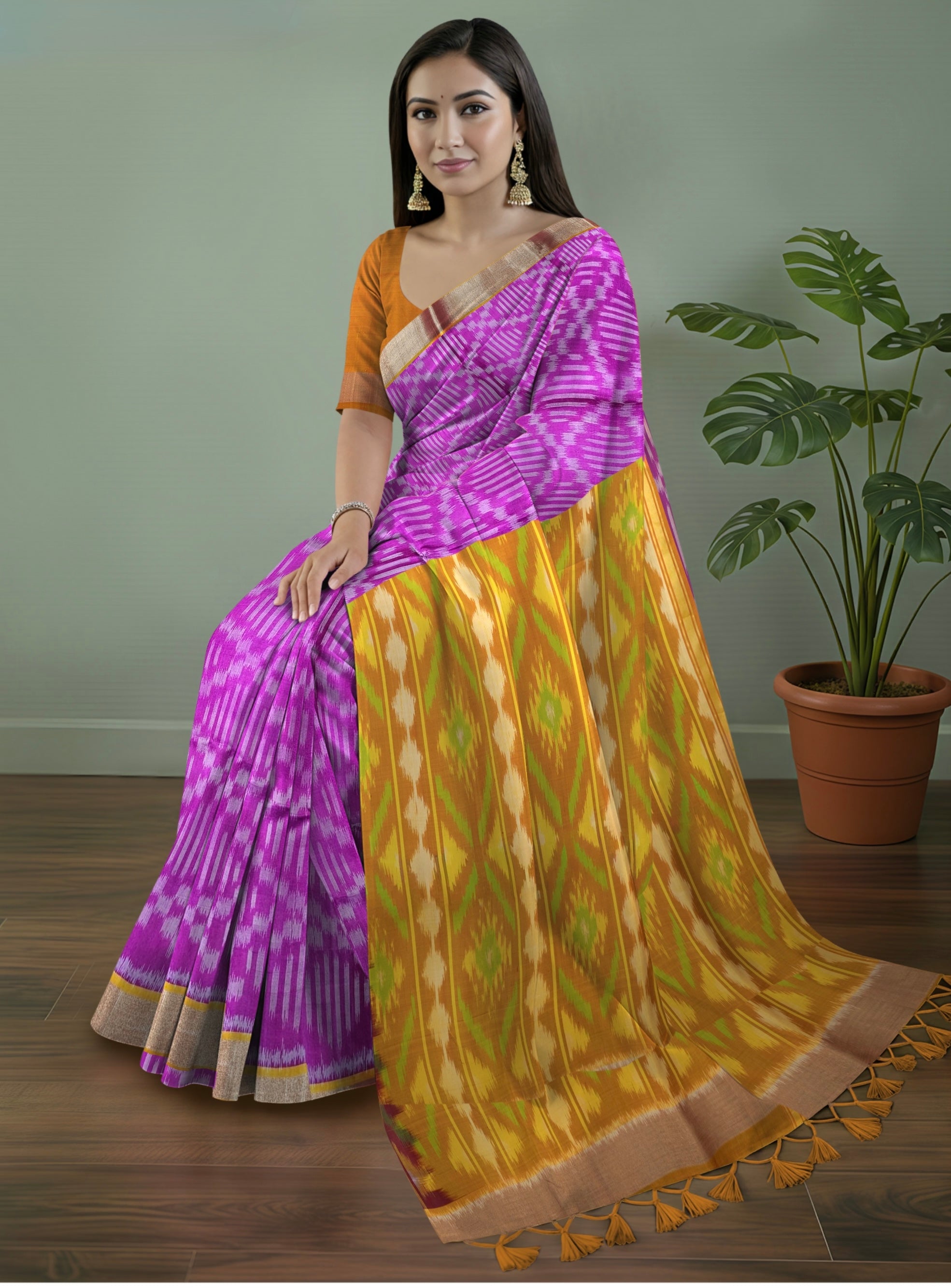 Pure Pochampally Silk Saree in Pink with Geometric Ikat Weaving & Contrast Orange Ikat Pallu
