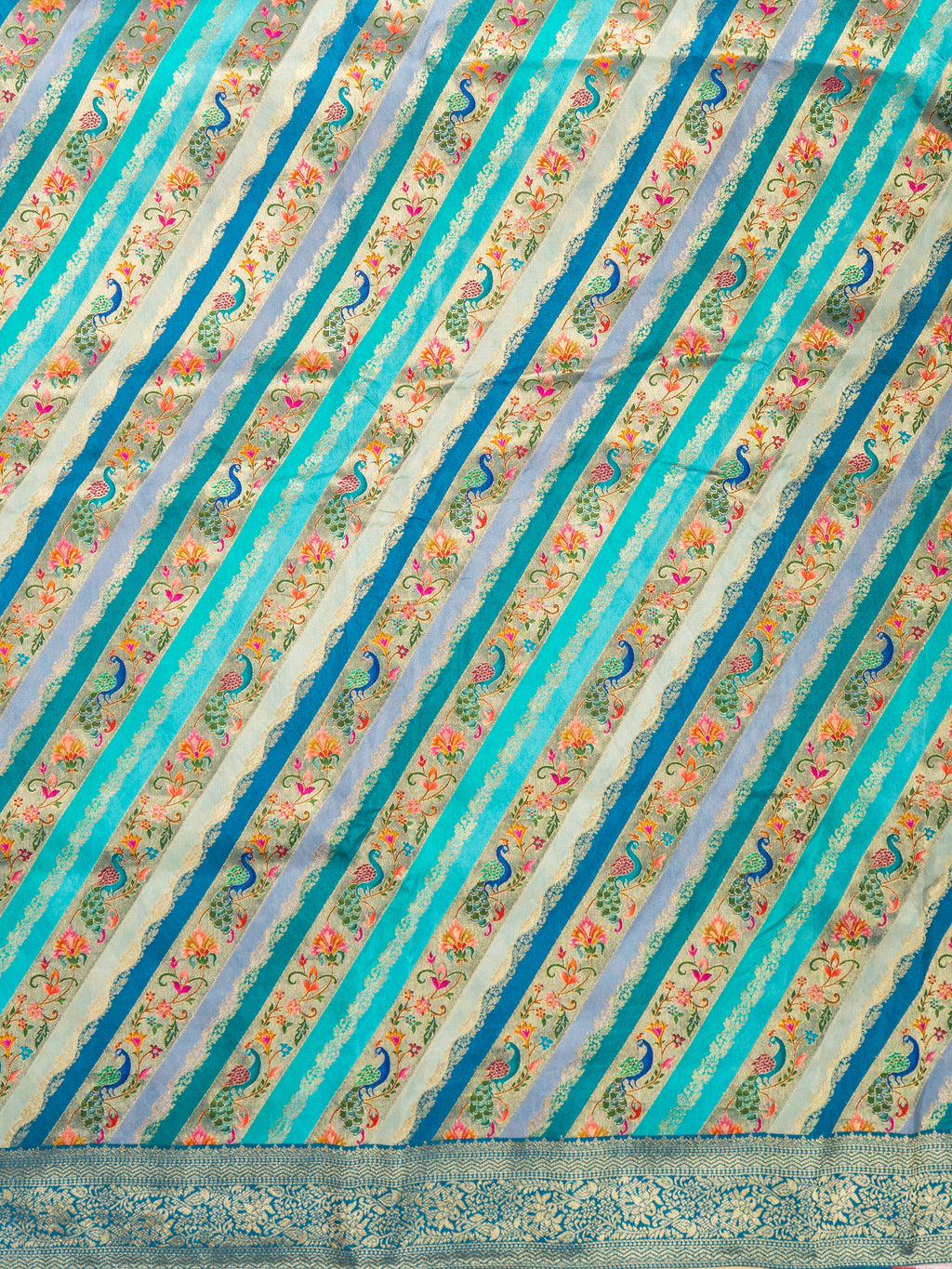 Pure Rajwada Silk Saree in Blue-Green with Peacock Motifs & Royal Palace Zari Pallu