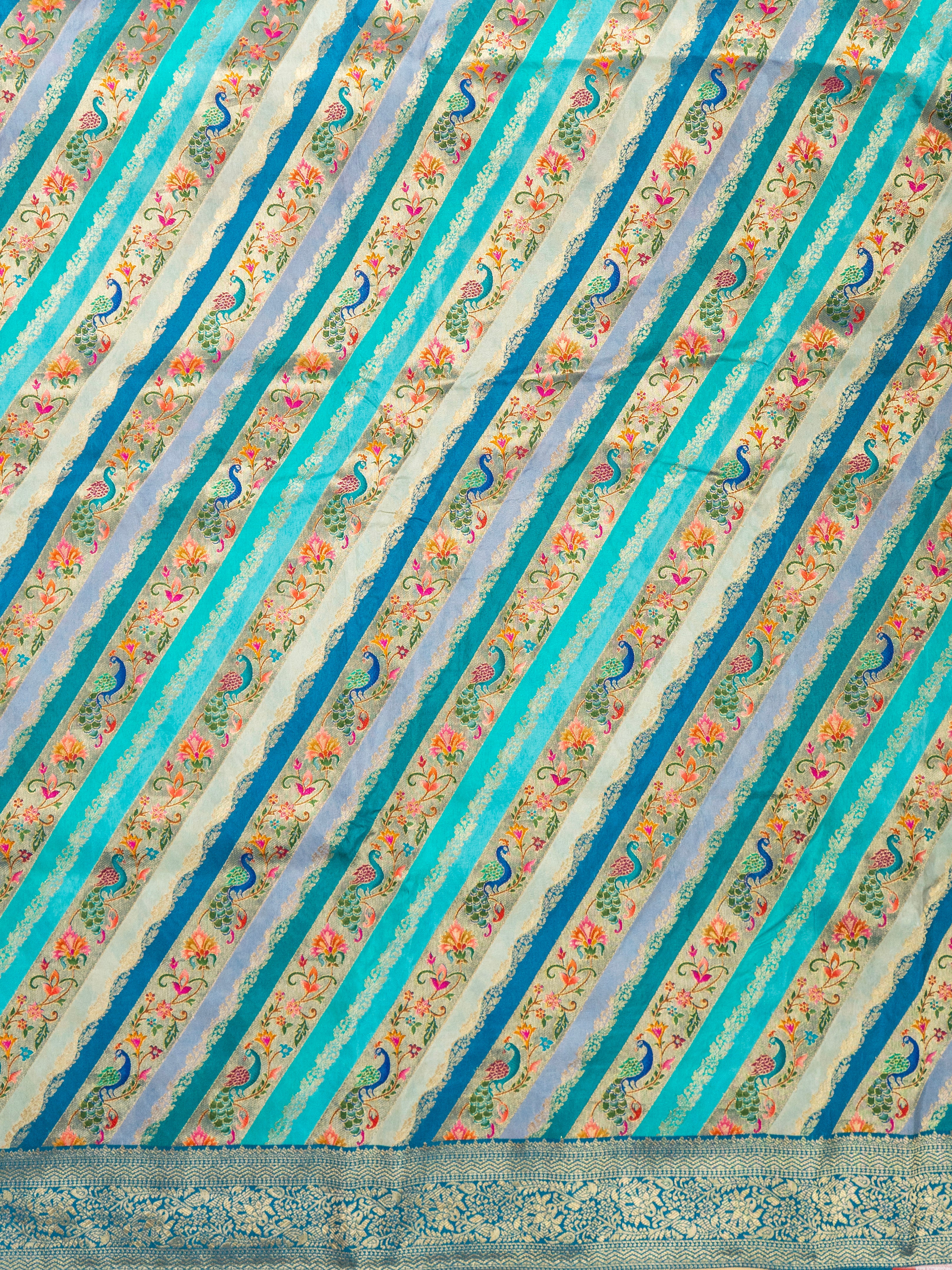 Pure Rajwada Silk Saree in Blue-Green with Peacock Motifs & Royal Palace Zari Pallu