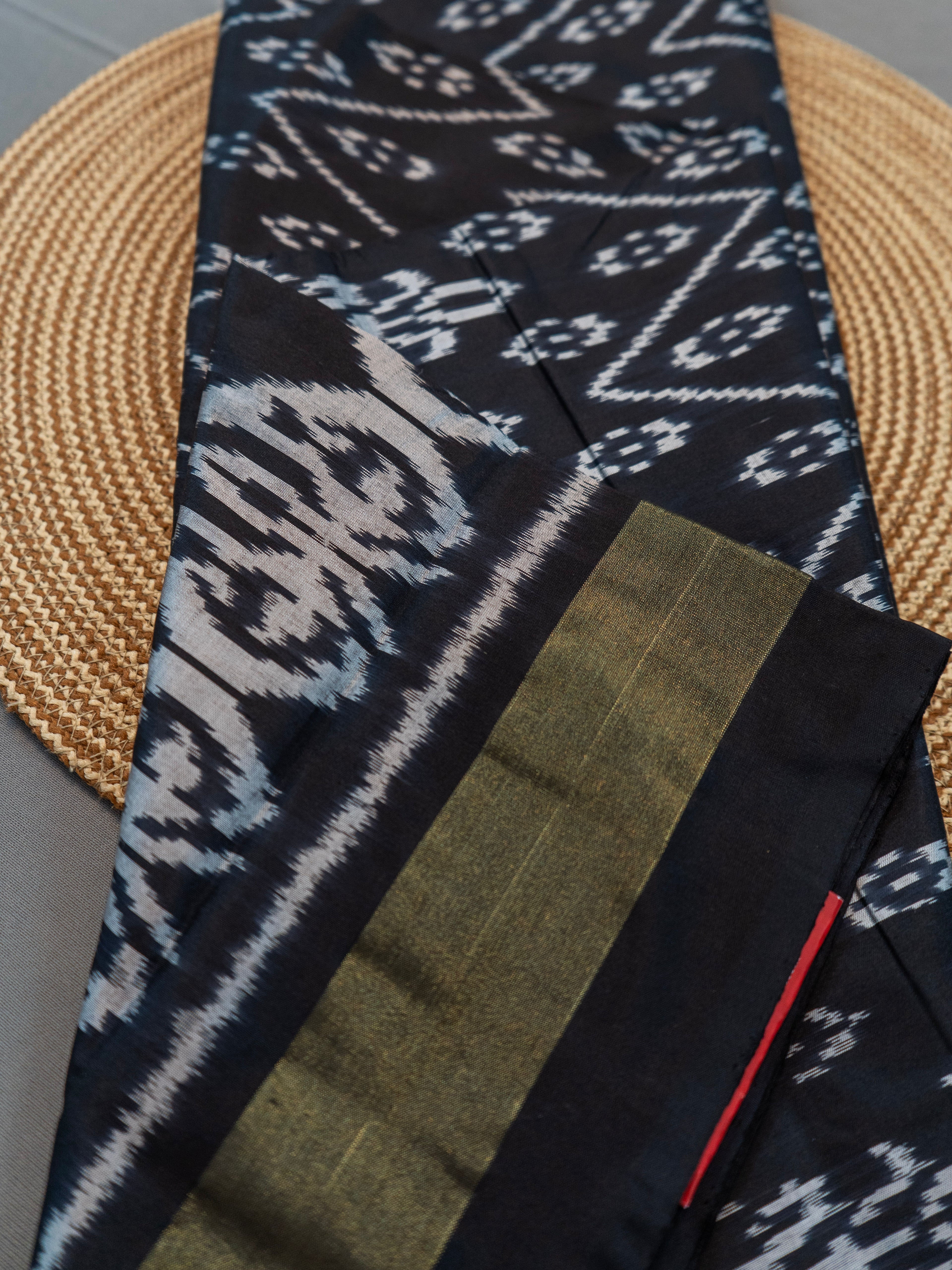 Pure Pochampally Black Silk Saree with Ikat Weaving & Golden Zari