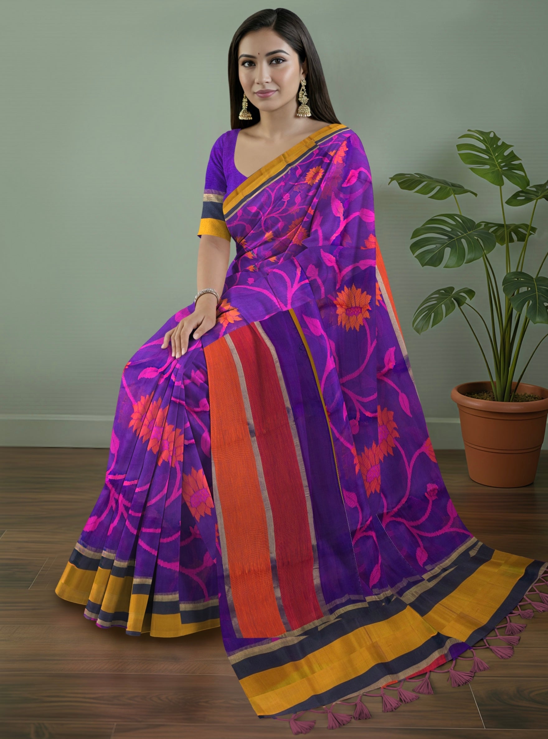 Pure Upada Handloom Silk Saree in Purple with Floral Weaving & Designer Line Pallu