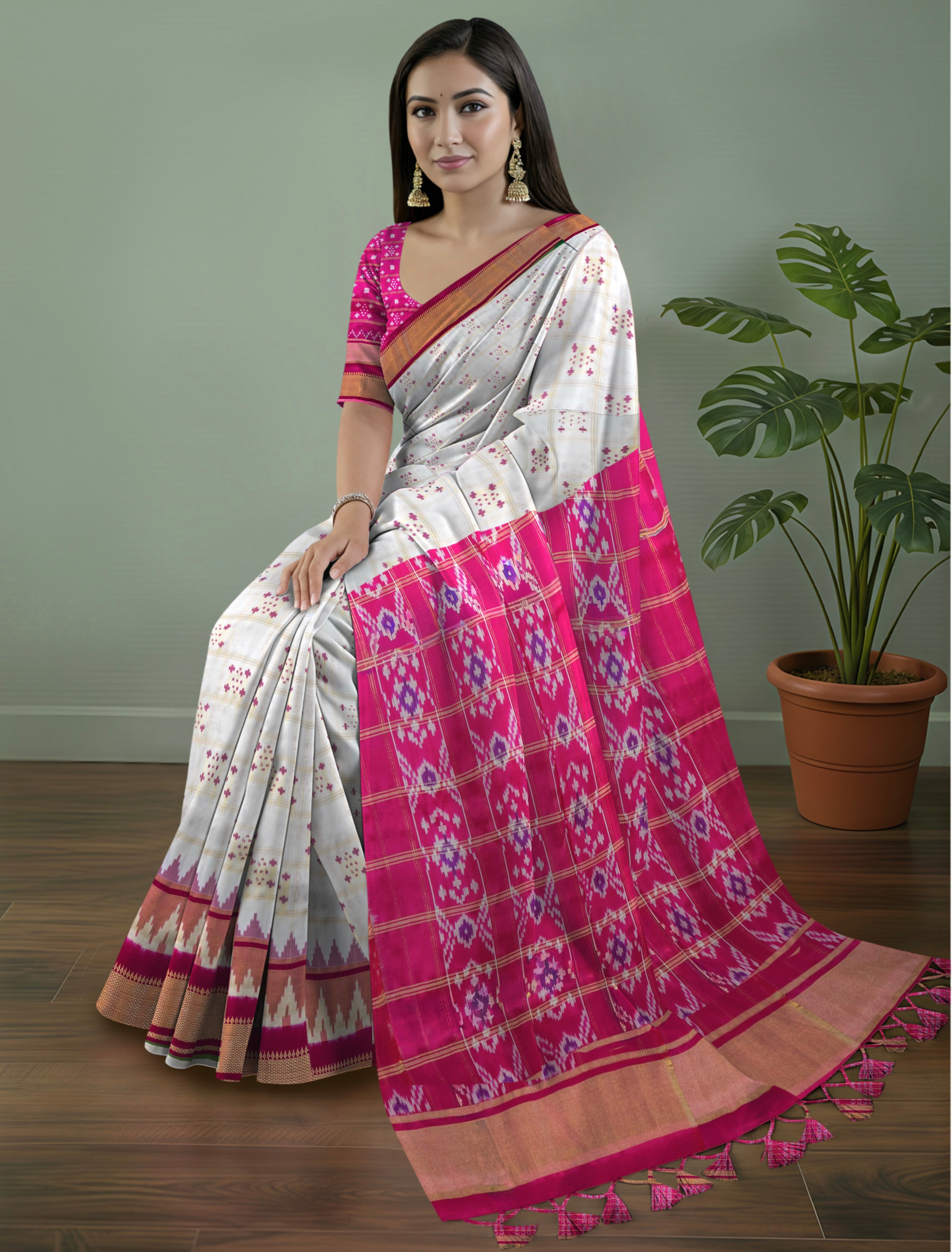 Pure Pochampally Double Ikat Silk Saree in White Ghatchola Checks with Pink Pallu & Zari