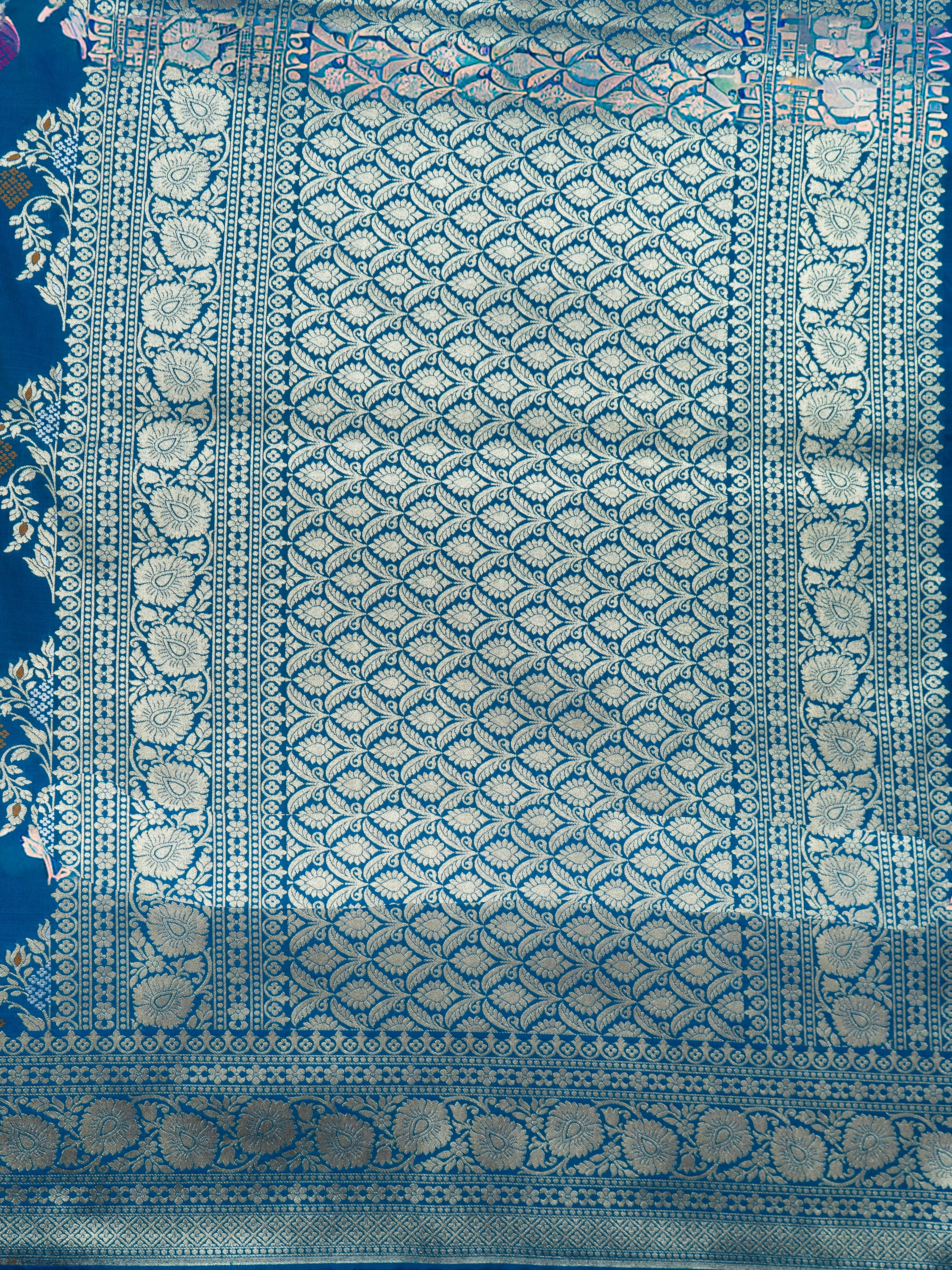 Pure Banarasi Katan Silk Saree in Royal Blue with Multicolor Floral Zari & Rich Zari Pallu